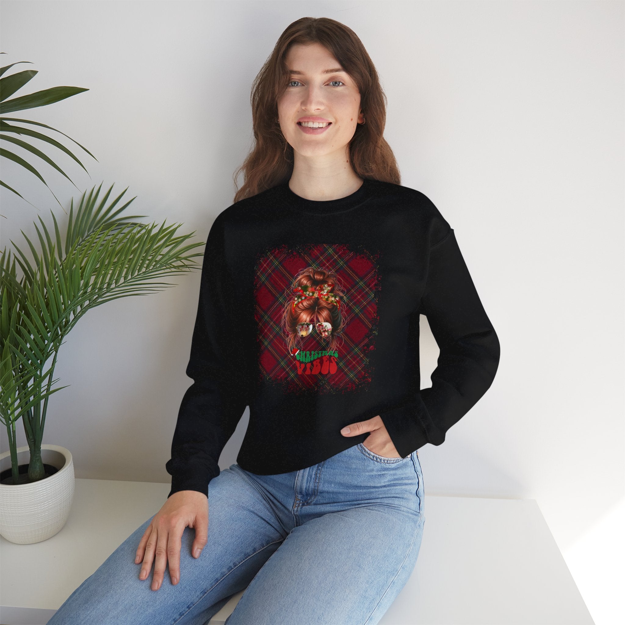 Christmas Vibes Christmas Plaid, Red Hair Messy Bun, Unisex Heavy Blend™ Crewneck Sweatshirt