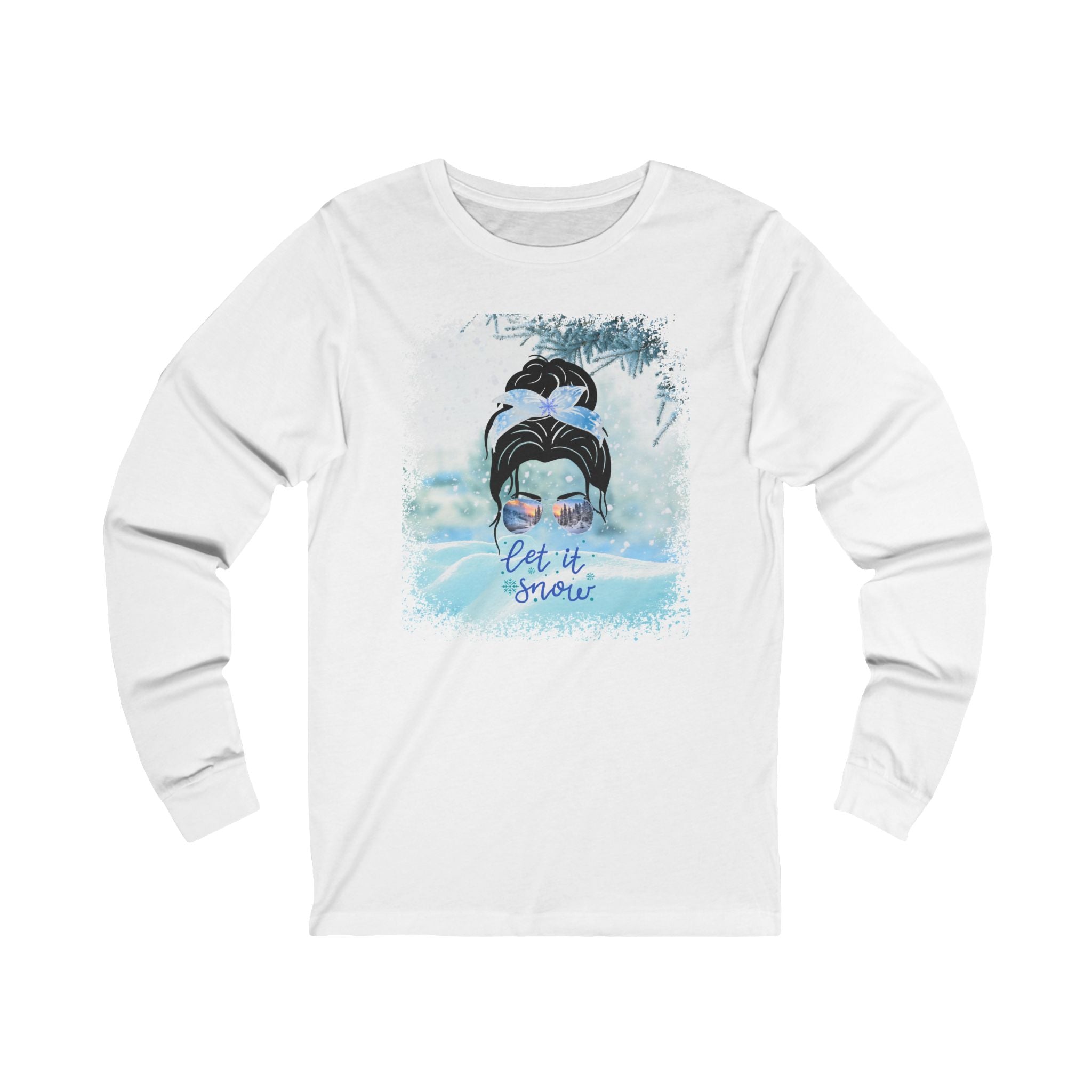 Let it Snow, Snow, Dark Hair Messy Bun, Unisex Jersey Long Sleeve Tee