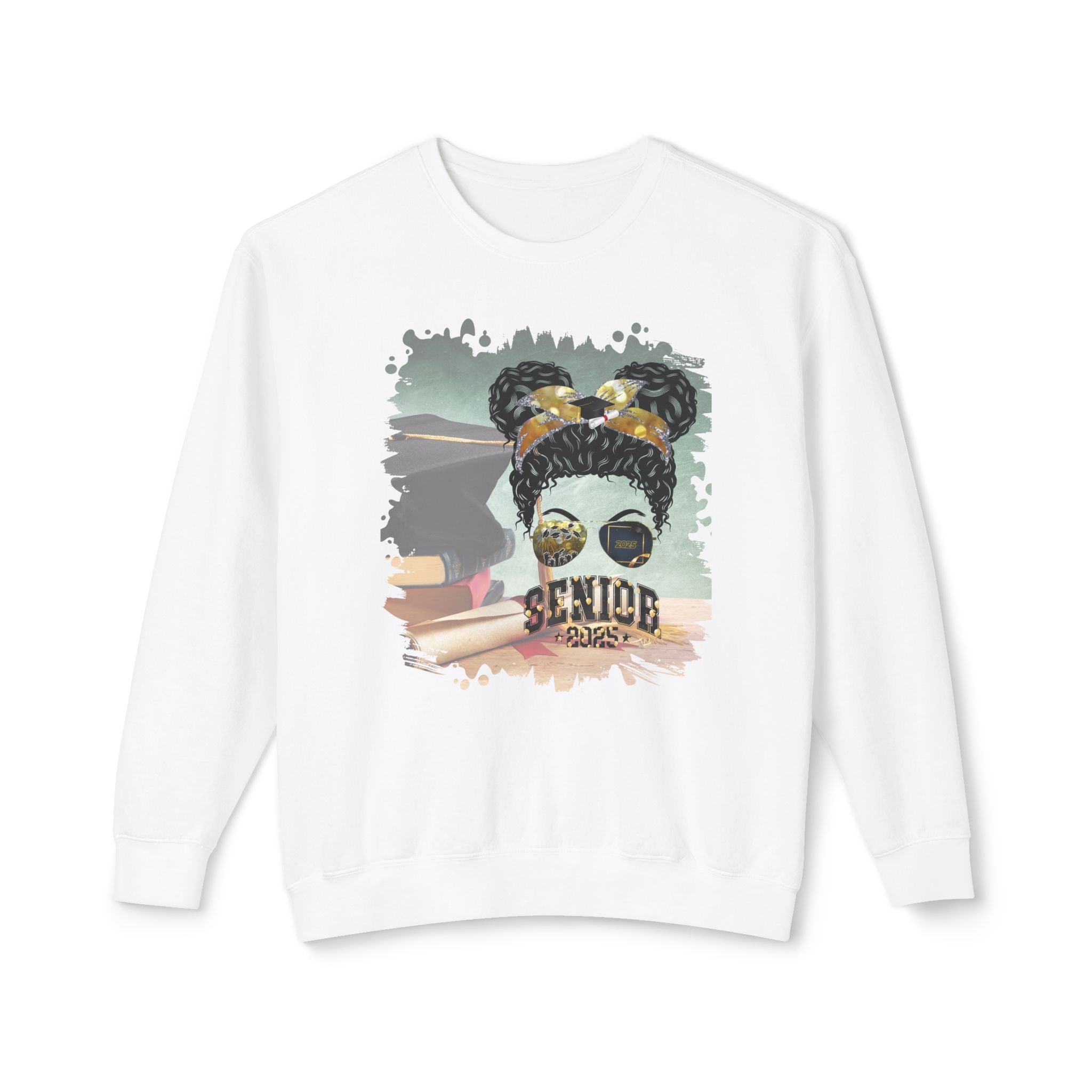 Senior 2025 Balloons, Cap & Degree/Diploma, Black Hair Messy Bun, Unisex Lightweight Crewneck Sweatshirt