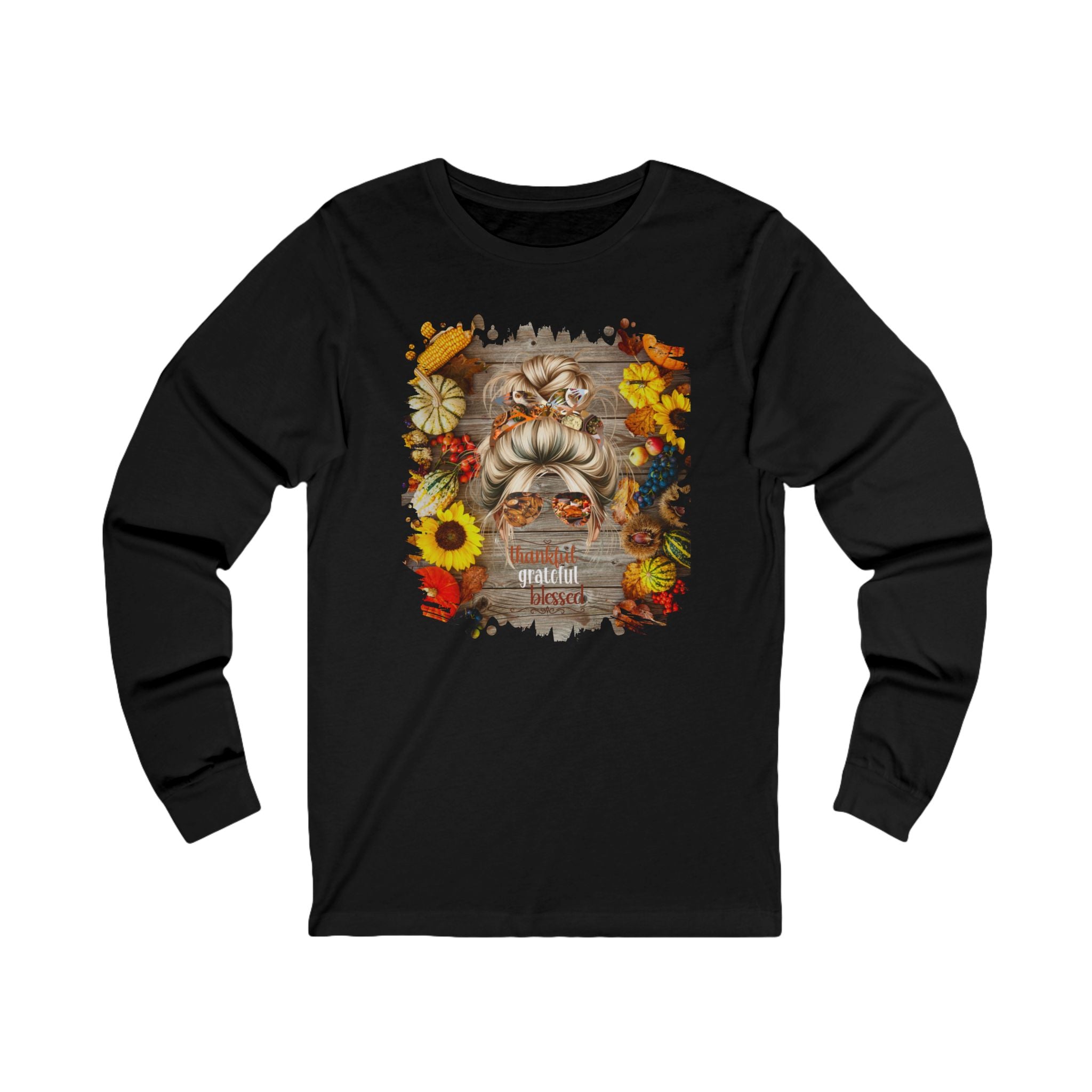 Thankful Grateful Blessed Decorated Background, Blond Hair Messy Bun, Unisex Jersey Long Sleeve Tee