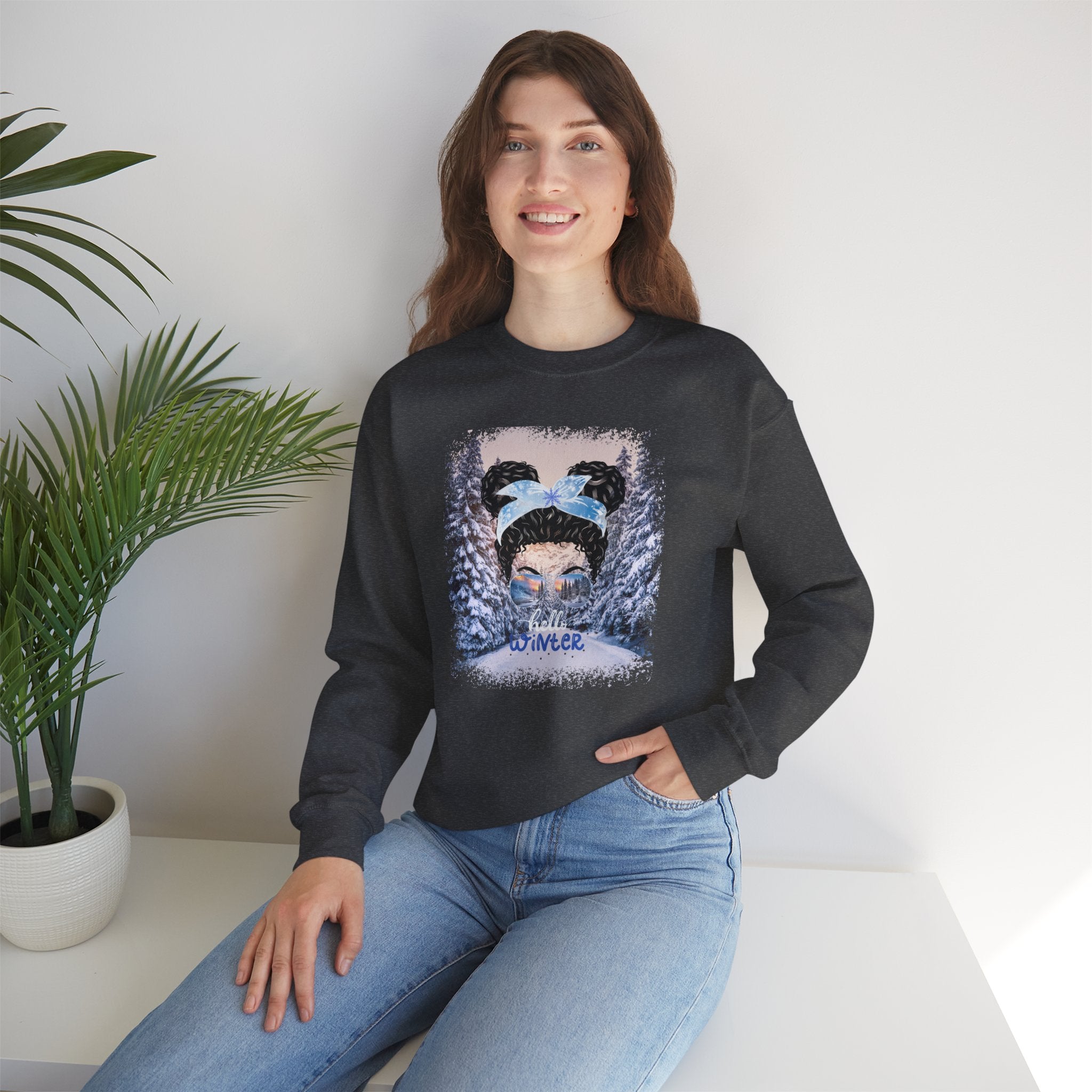 Hello Winter, Winter Trail, Black Hair Messy Bun, Unisex Heavy Blend™ Crewneck Sweatshirt