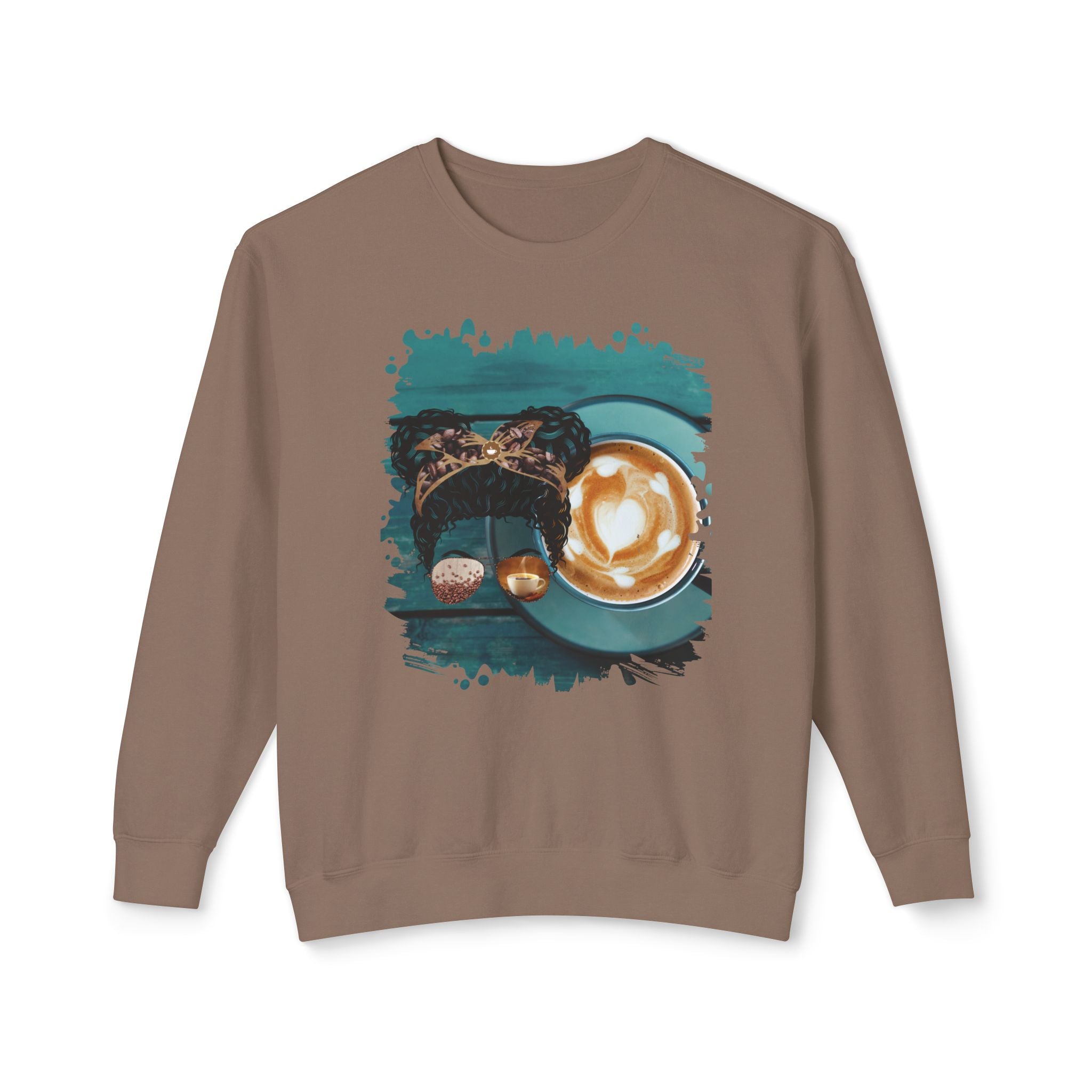 Coffee Cup, Black Hair Messy Bun, Unisex Lightweight Crewneck Sweatshirt