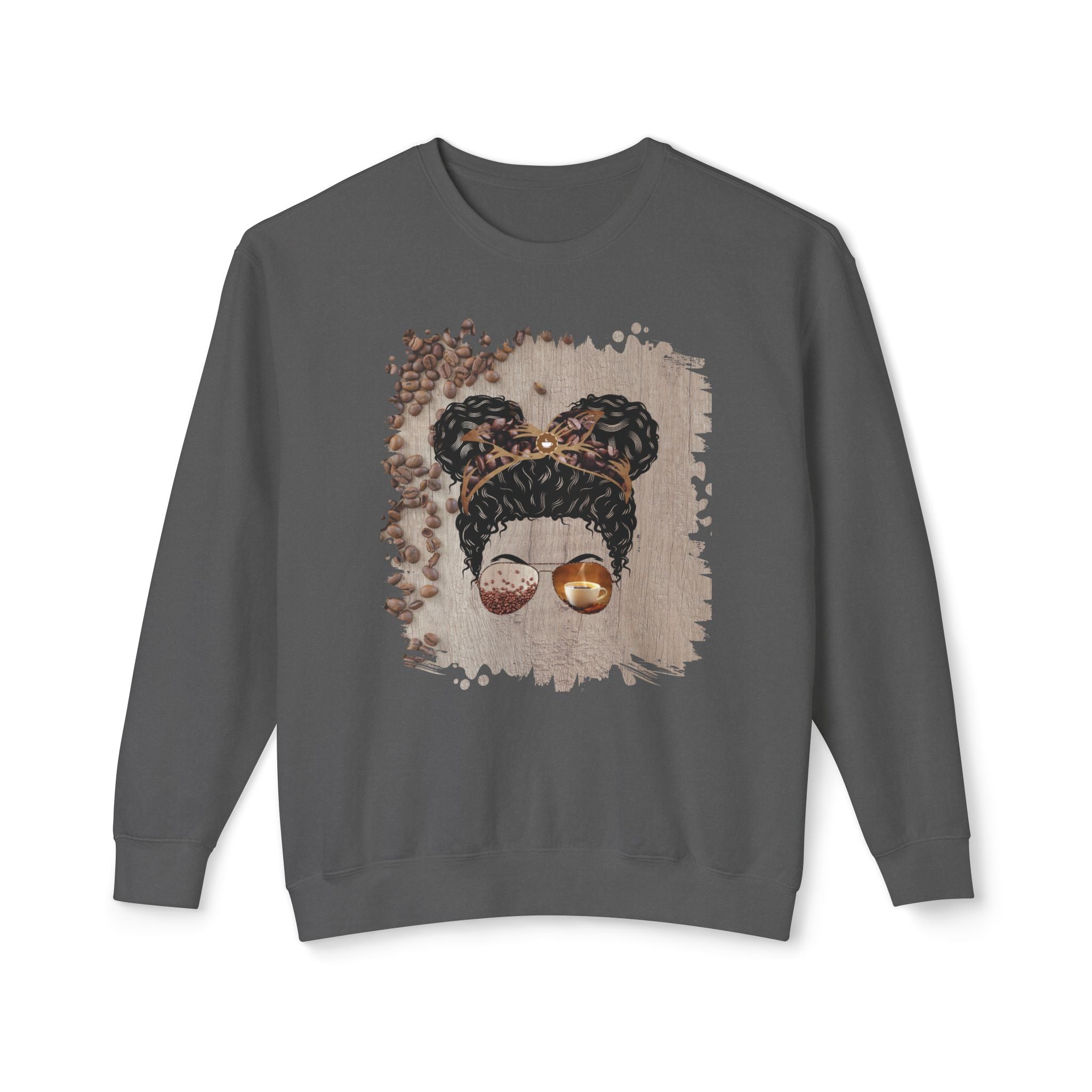 Coffee Beans Table, Black Hair Messy Bun, Unisex Lightweight Crewneck Sweatshirt