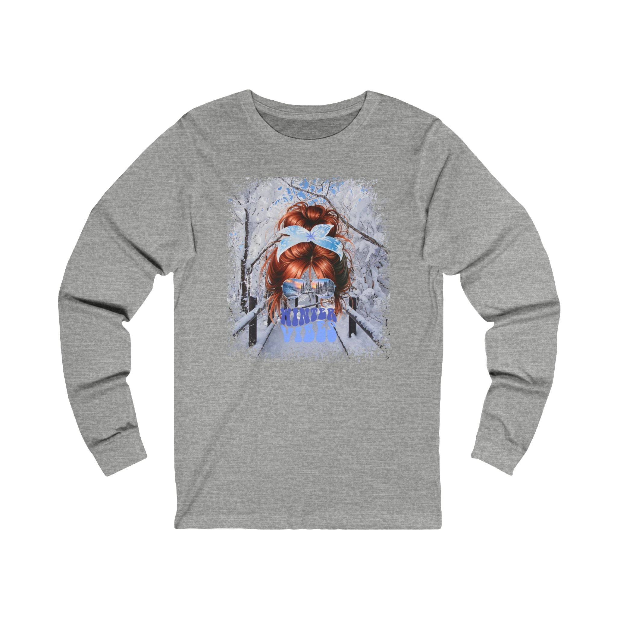 Winter Vibes Winter Hike, Red Hair Messy Bun, Unisex Jersey Long Sleeve Tee