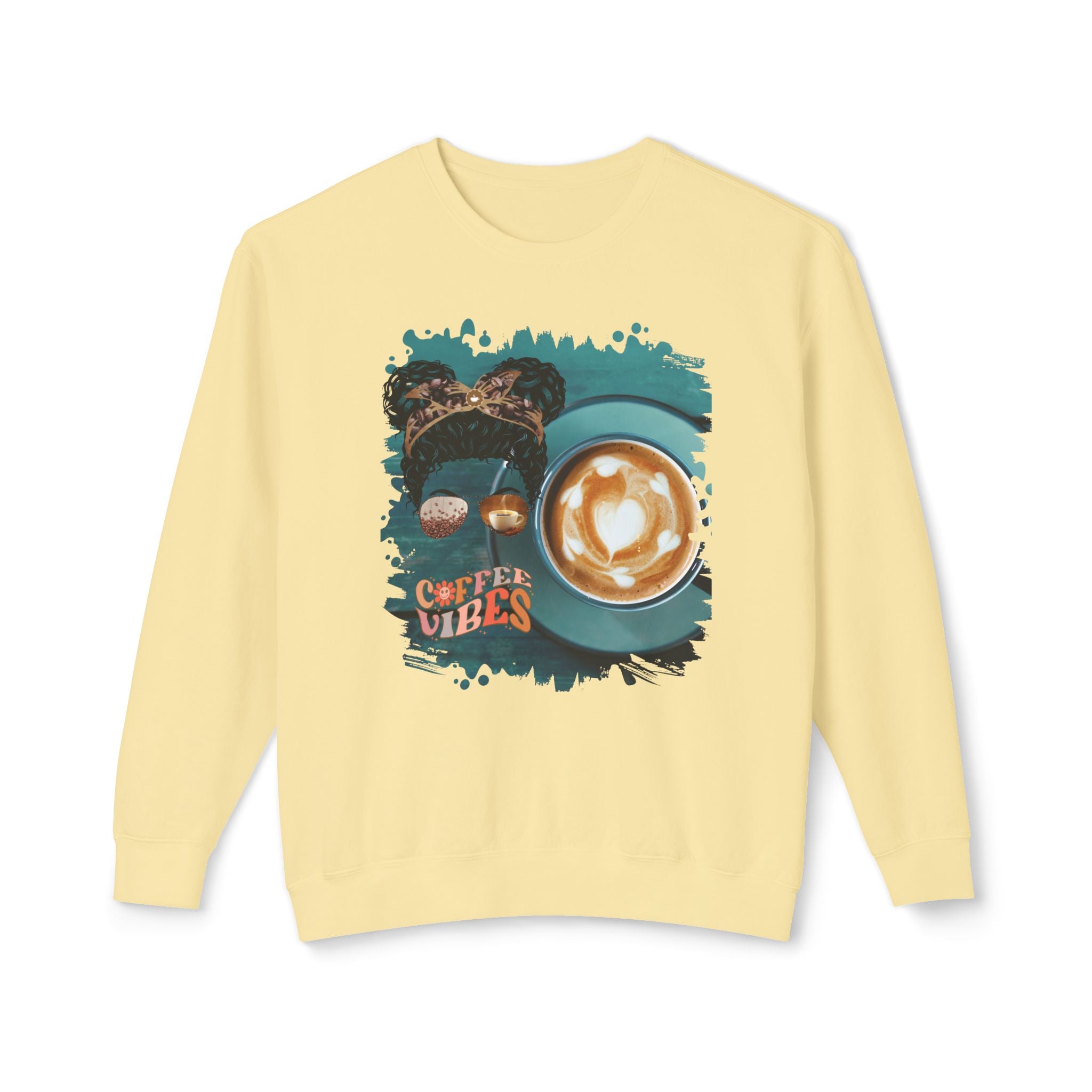 Coffee Vibes, Coffee Cup, Black Hair Messy Bun, Unisex Lightweight Crewneck Sweatshirt