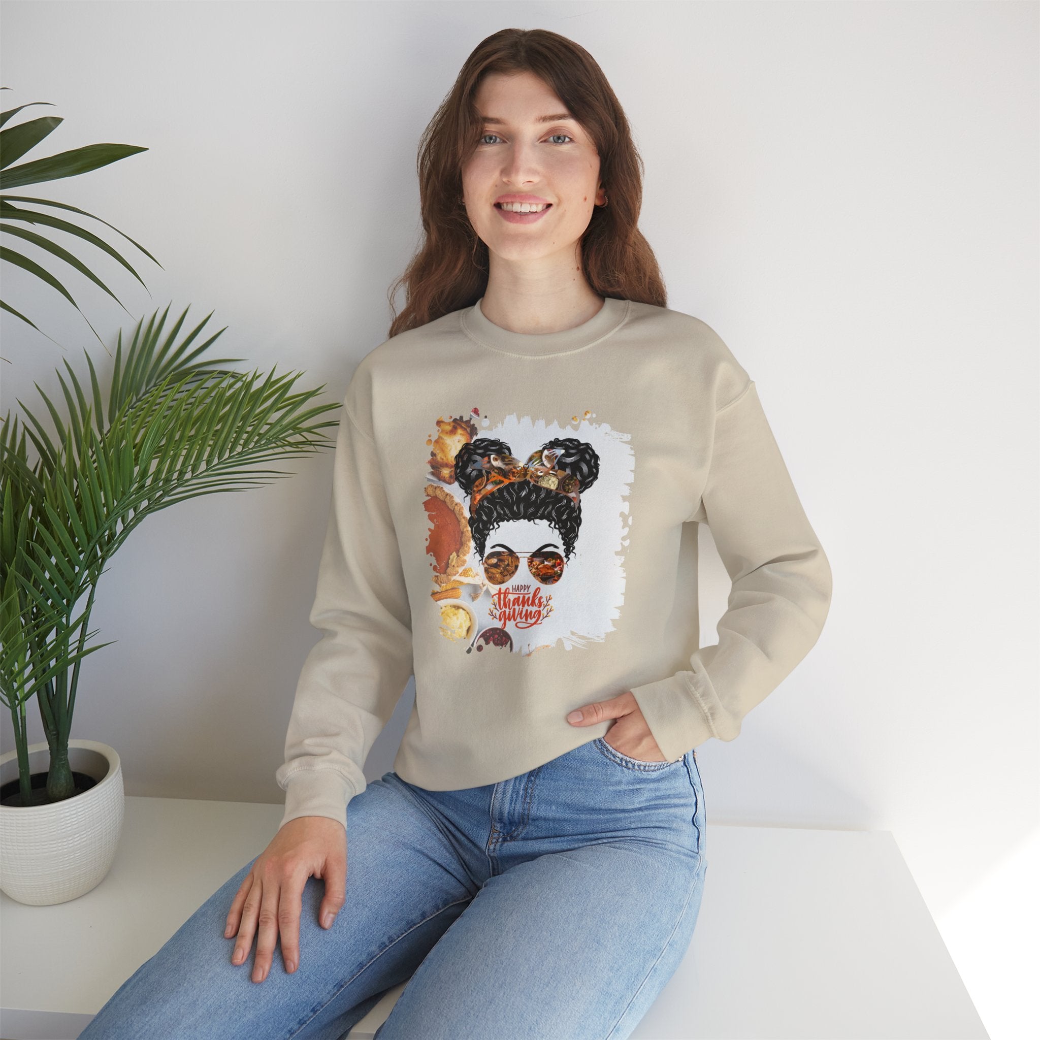 Happy Thanksgiving, Thanksgiving Pie, Black Hair Messy Bun, Unisex Heavy Blend™ Crewneck Sweatshirt