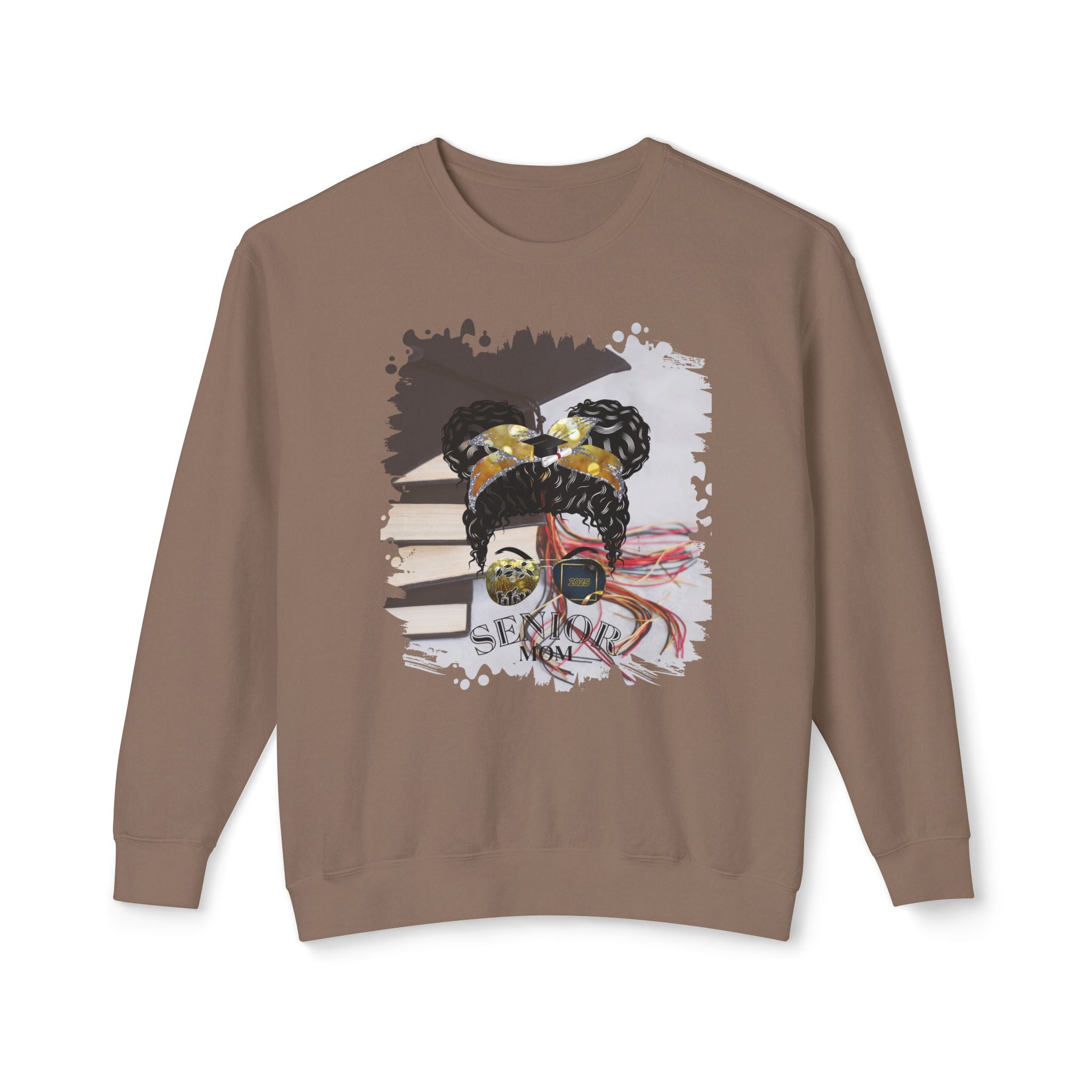 Senior Mom, Cap & Books, Black Hair Messy Bun, Unisex Lightweight Crewneck Sweatshirt