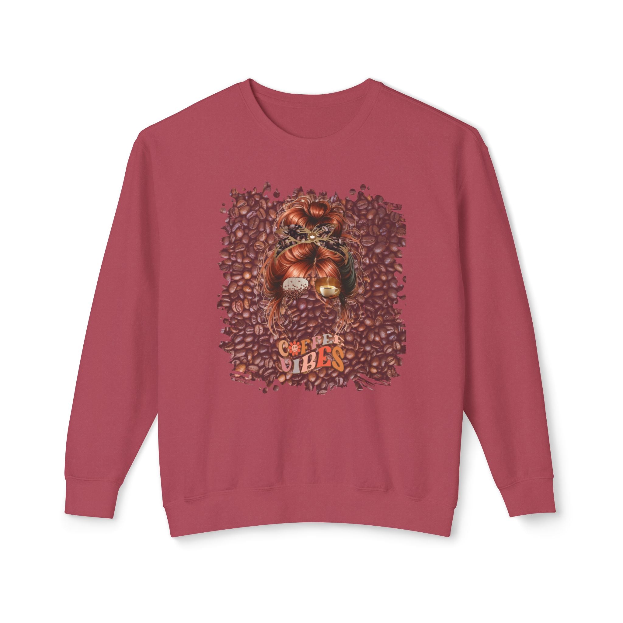 Coffee Vibes, Coffee Beans, Red Hair Messy Bun, Unisex Lightweight Crewneck Sweatshirt