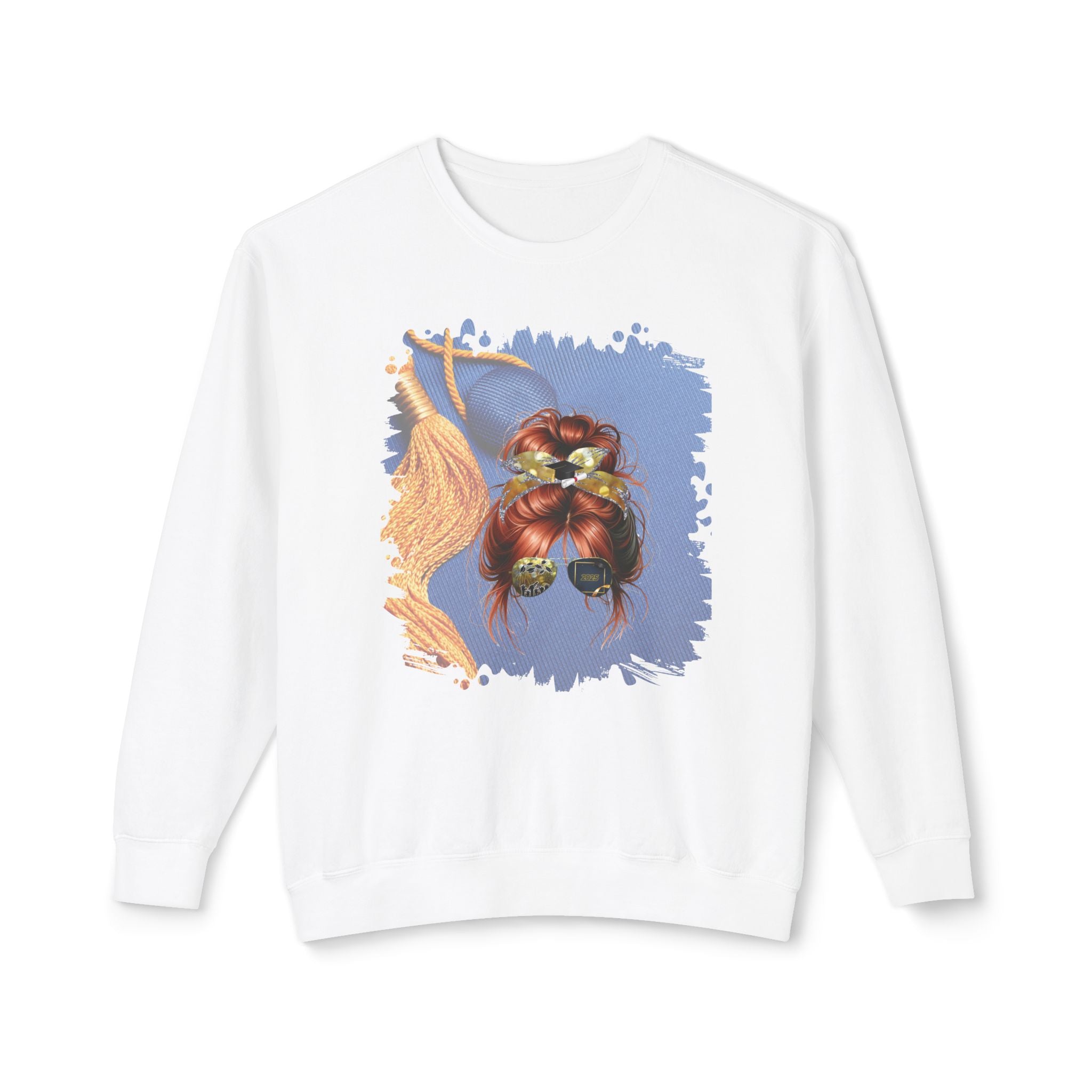 Graduation Cap, Red Hair Messy Bun, Unisex Lightweight Crewneck Sweatshirt