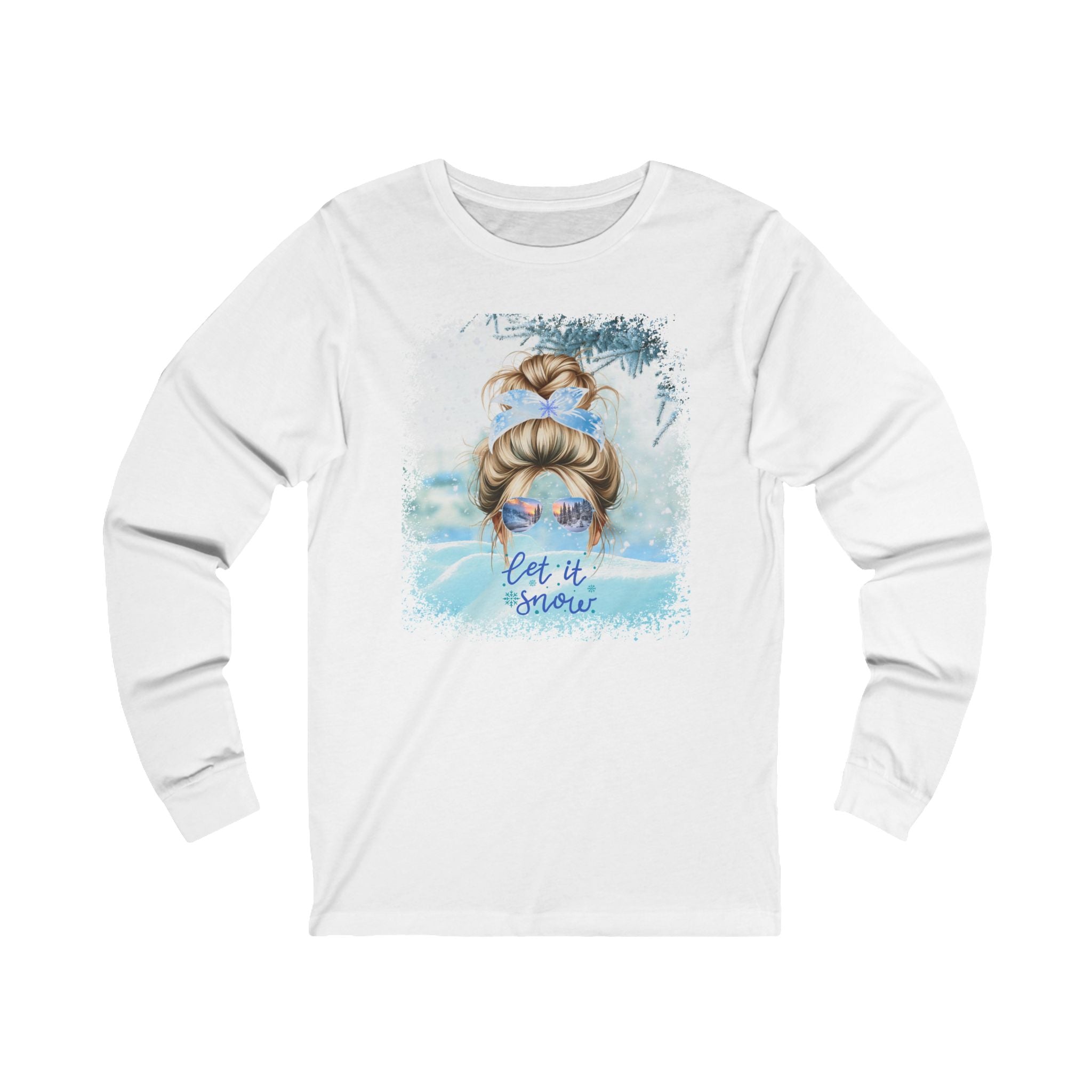 Let it Snow, Snow, Blond Hair Messy Bun, Unisex Jersey Long Sleeve Tee