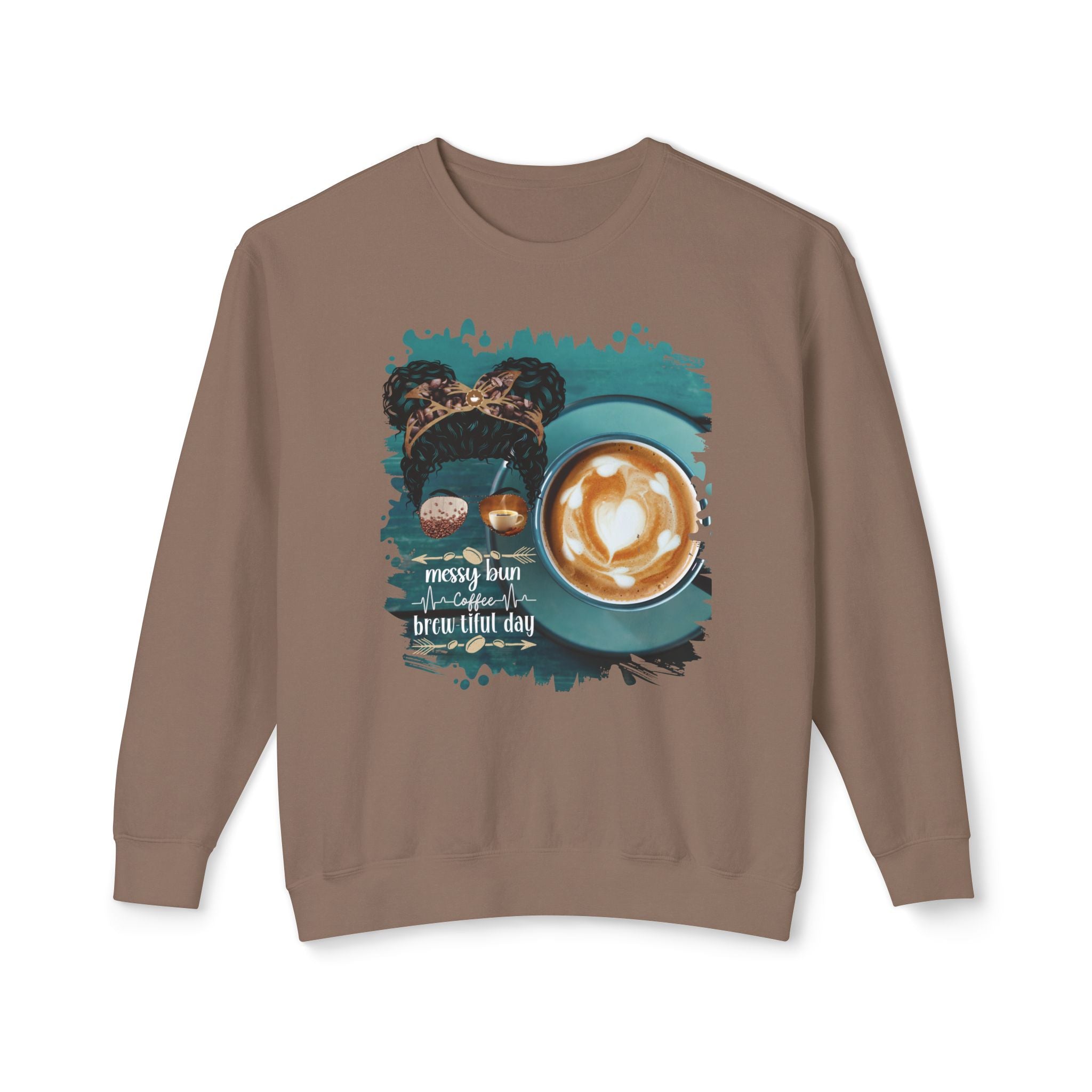 Coffee Heartbeat, Coffee Cup, Black Hair Messy Bun, Unisex Lightweight Crewneck Sweatshirt