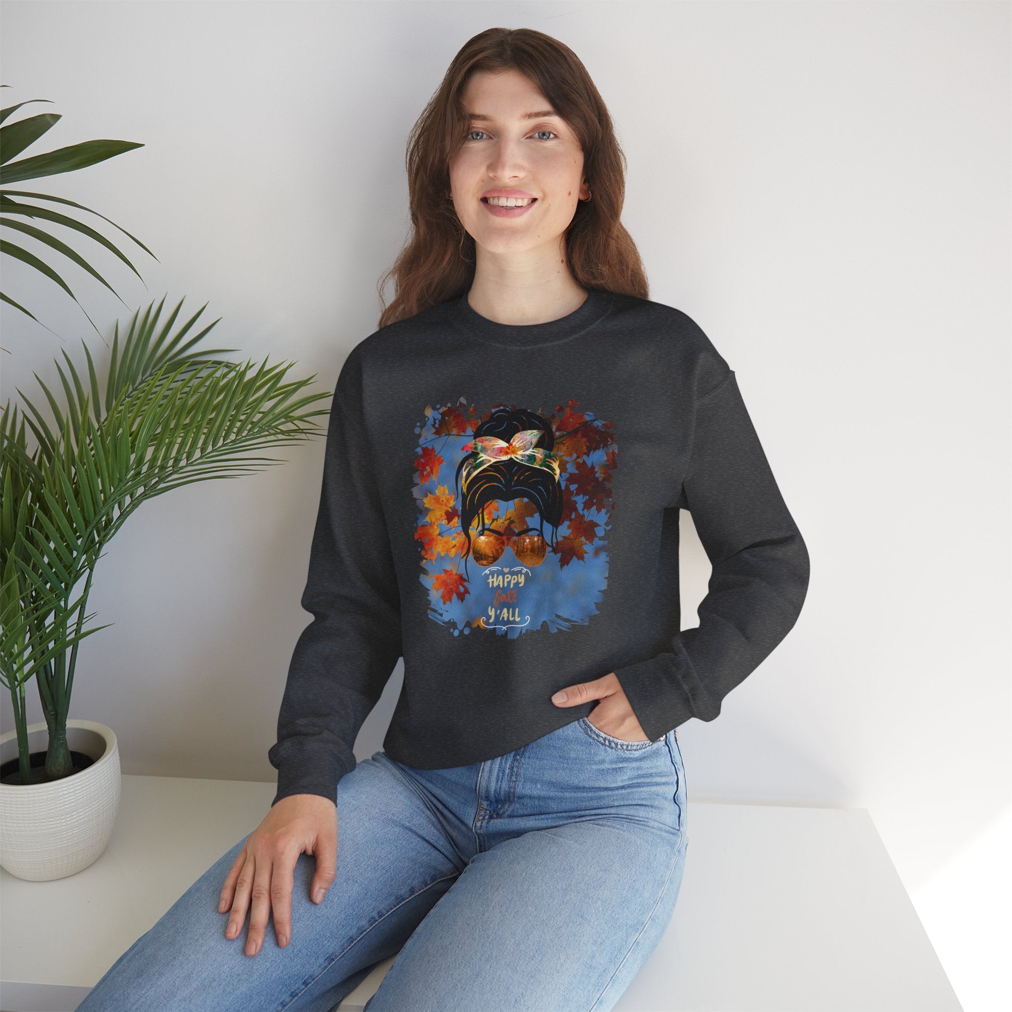 Happy Fall Y'all Fall Sky, Dark Hair Messy Bun, Unisex Heavy Blend™ Crewneck Sweatshirt