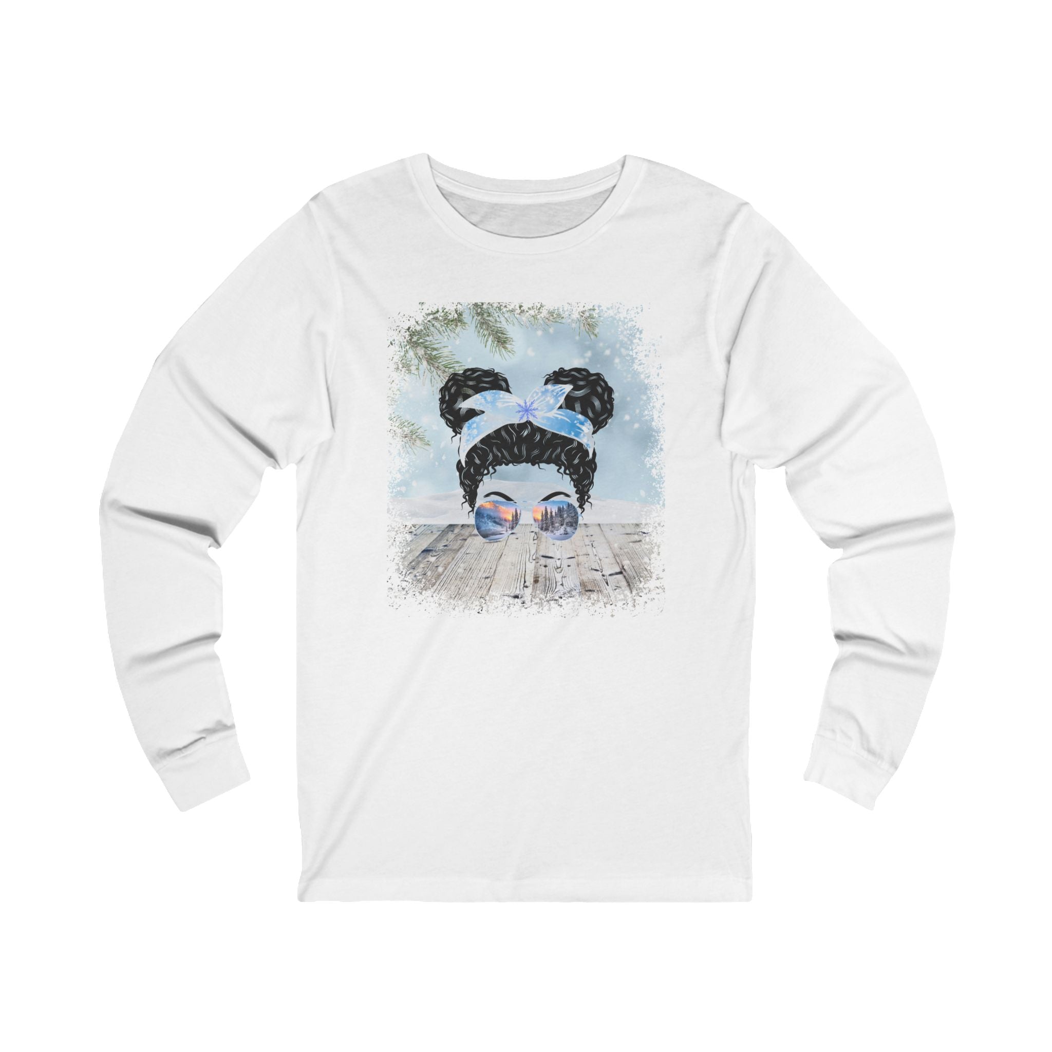 Winter Snowy Porch, Black Hair Messy Bun, Unisex Jersey Long Sleeve Tee