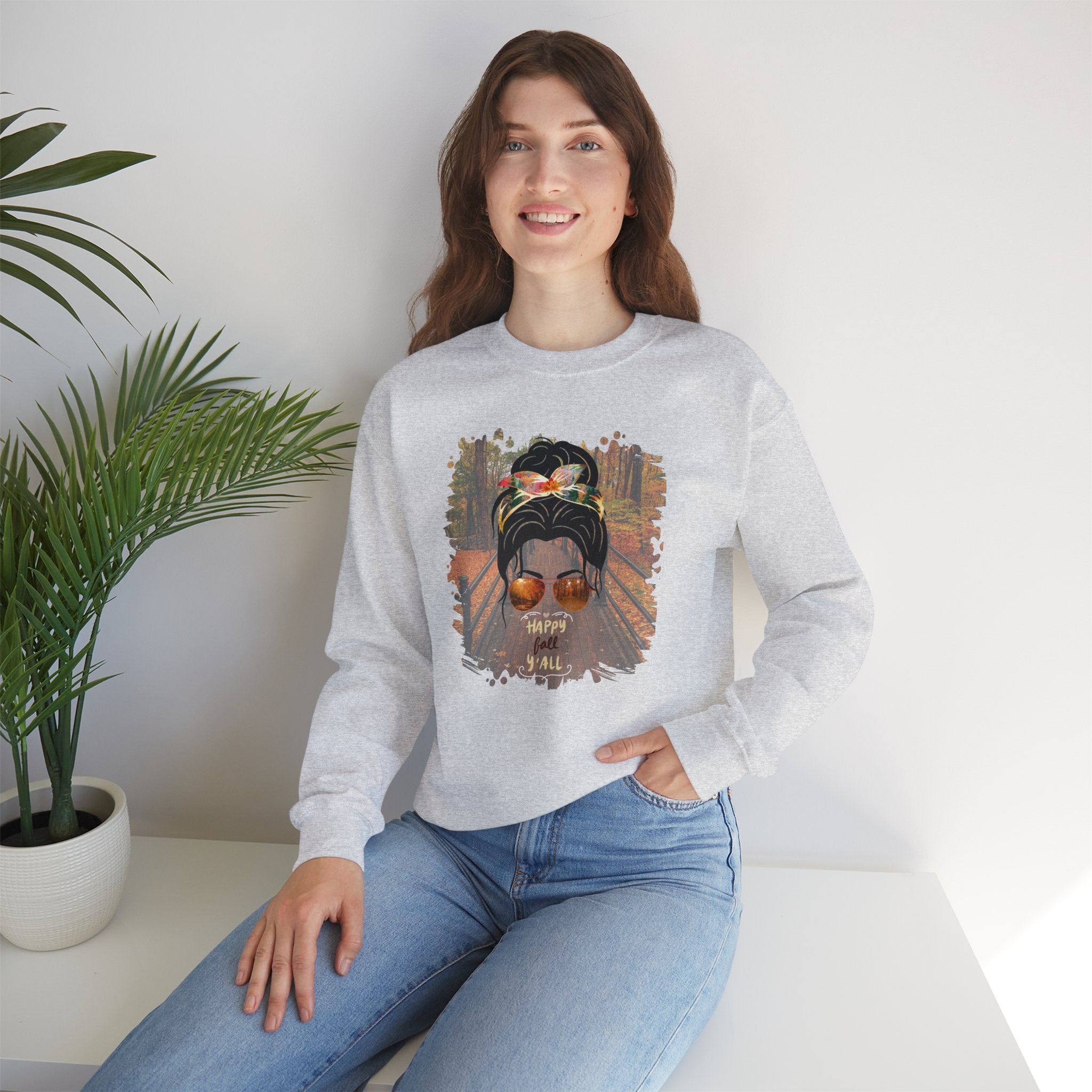 Happy Fall Y'all Fall Hike, Dark Hair Messy Bun, Unisex Heavy Blend™ Crewneck Sweatshirt