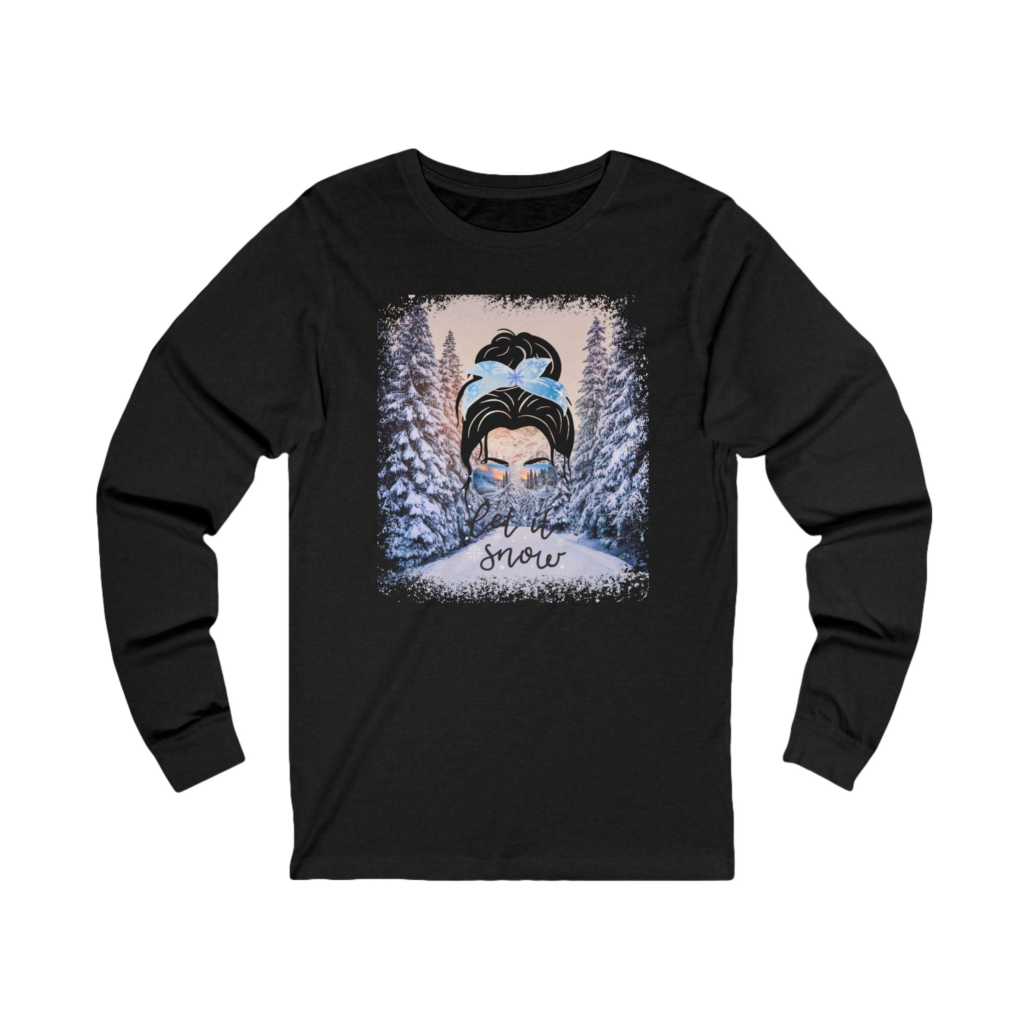 Let it Snow Winter Trail, Dark Hair Messy Bun, Unisex Jersey Long Sleeve Tee