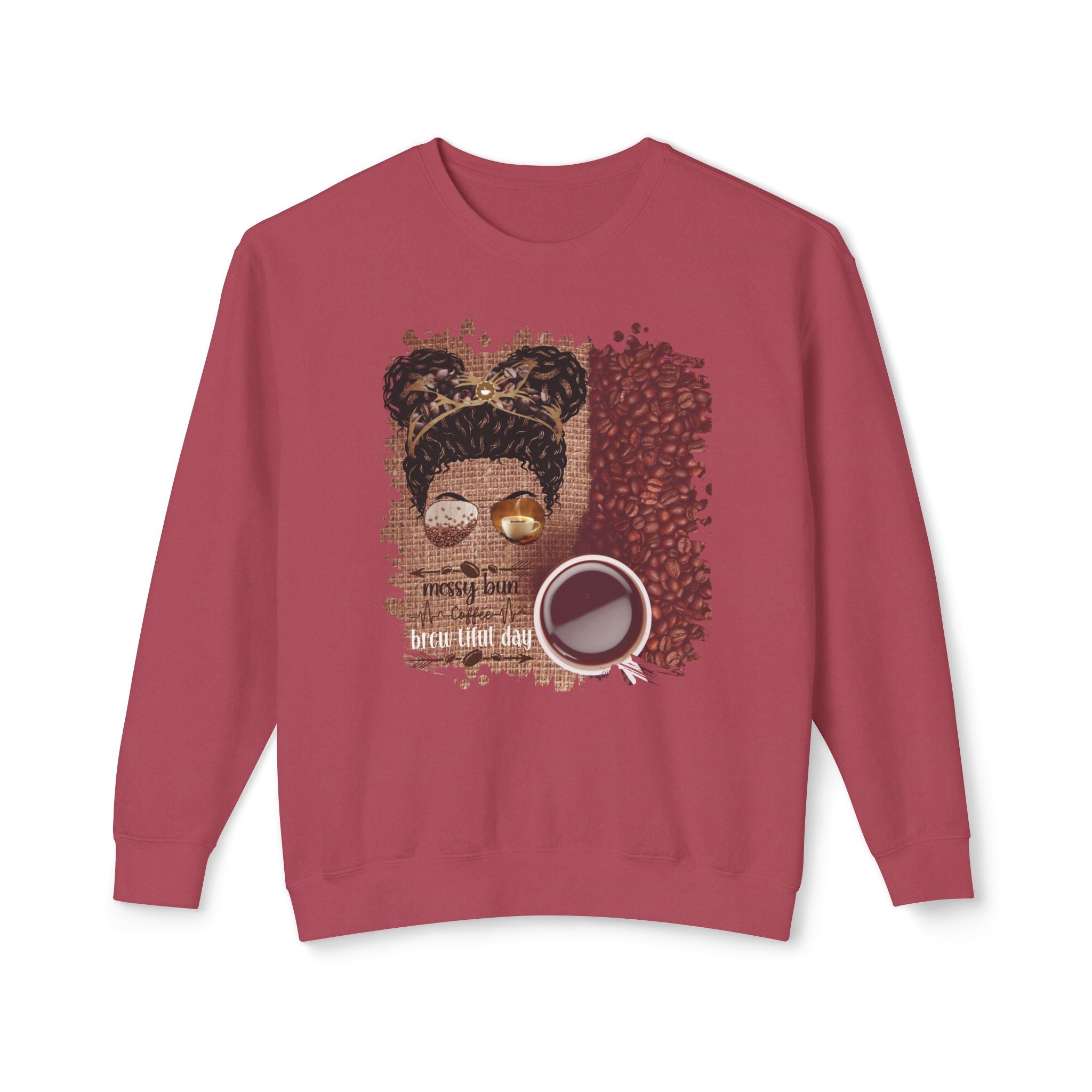 Coffee Heartbeat, Coffee Beans Bag, Black Hair Messy Bun, Unisex Lightweight Crewneck Sweatshirt