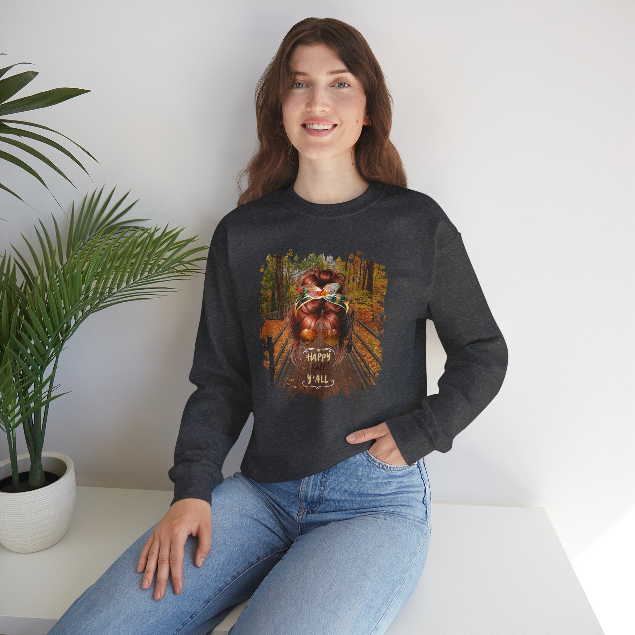 Happy Fall Y'all Fall Hike, Red Hair Messy Bun, Unisex Heavy Blend™ Crewneck Sweatshirt