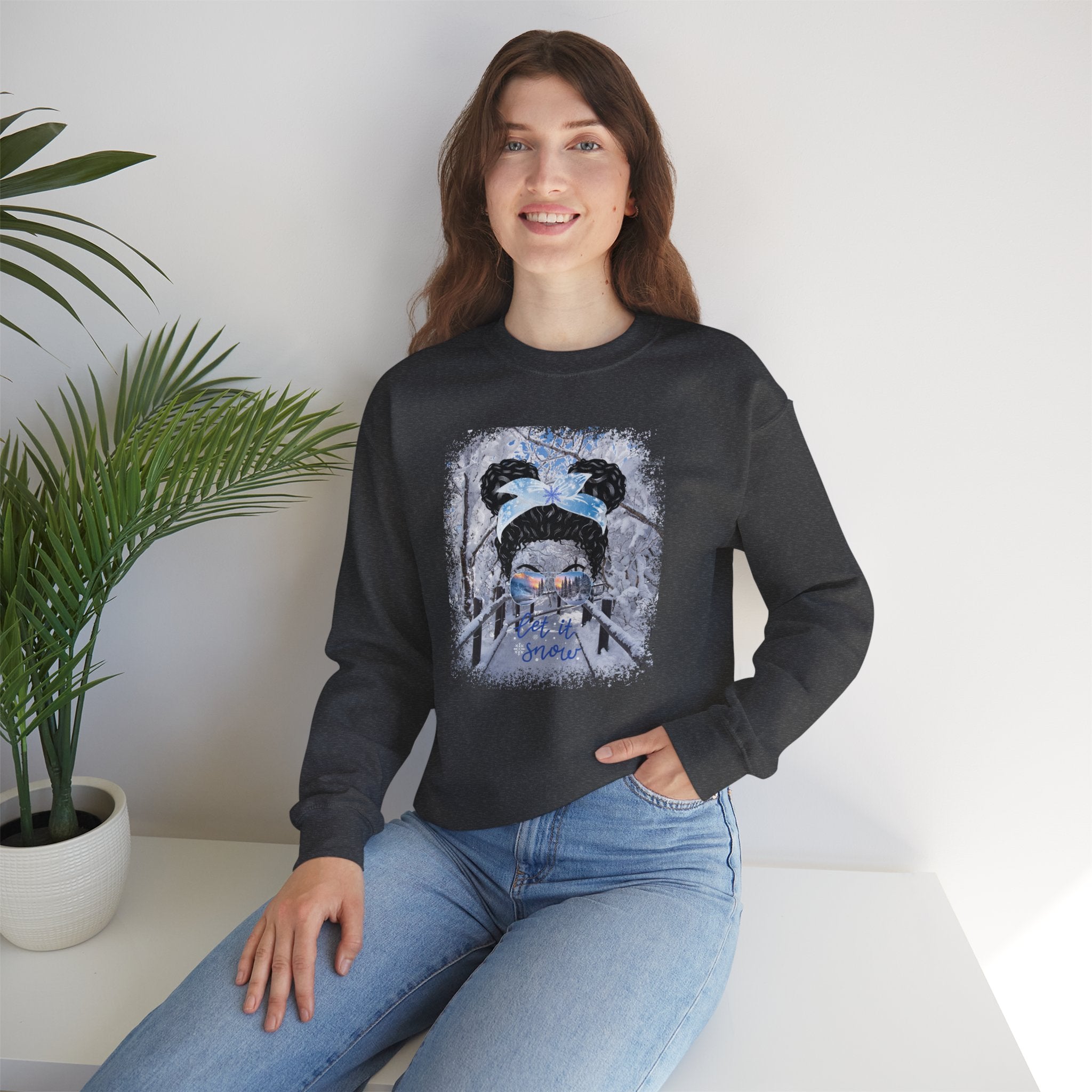 Let it Snow, Winter Hike, Black Hair Messy Bun, Unisex Heavy Blend™ Crewneck Sweatshirt