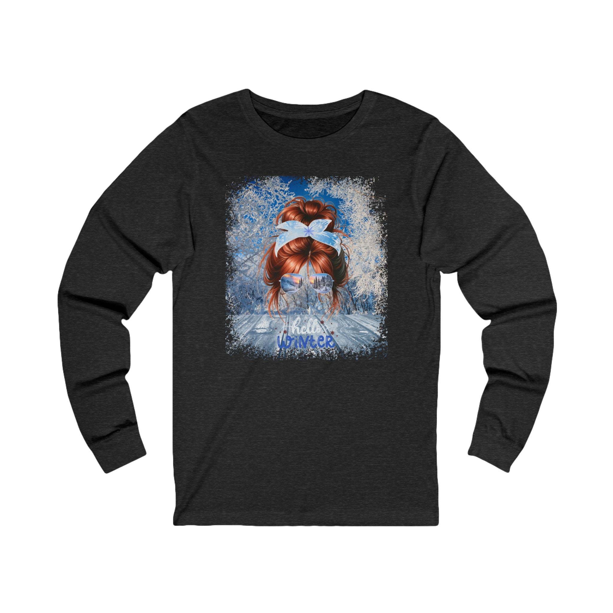 Hello Winter, Winter Sunny Porch, Red Hair Messy Bun, Unisex Jersey Long Sleeve Tee