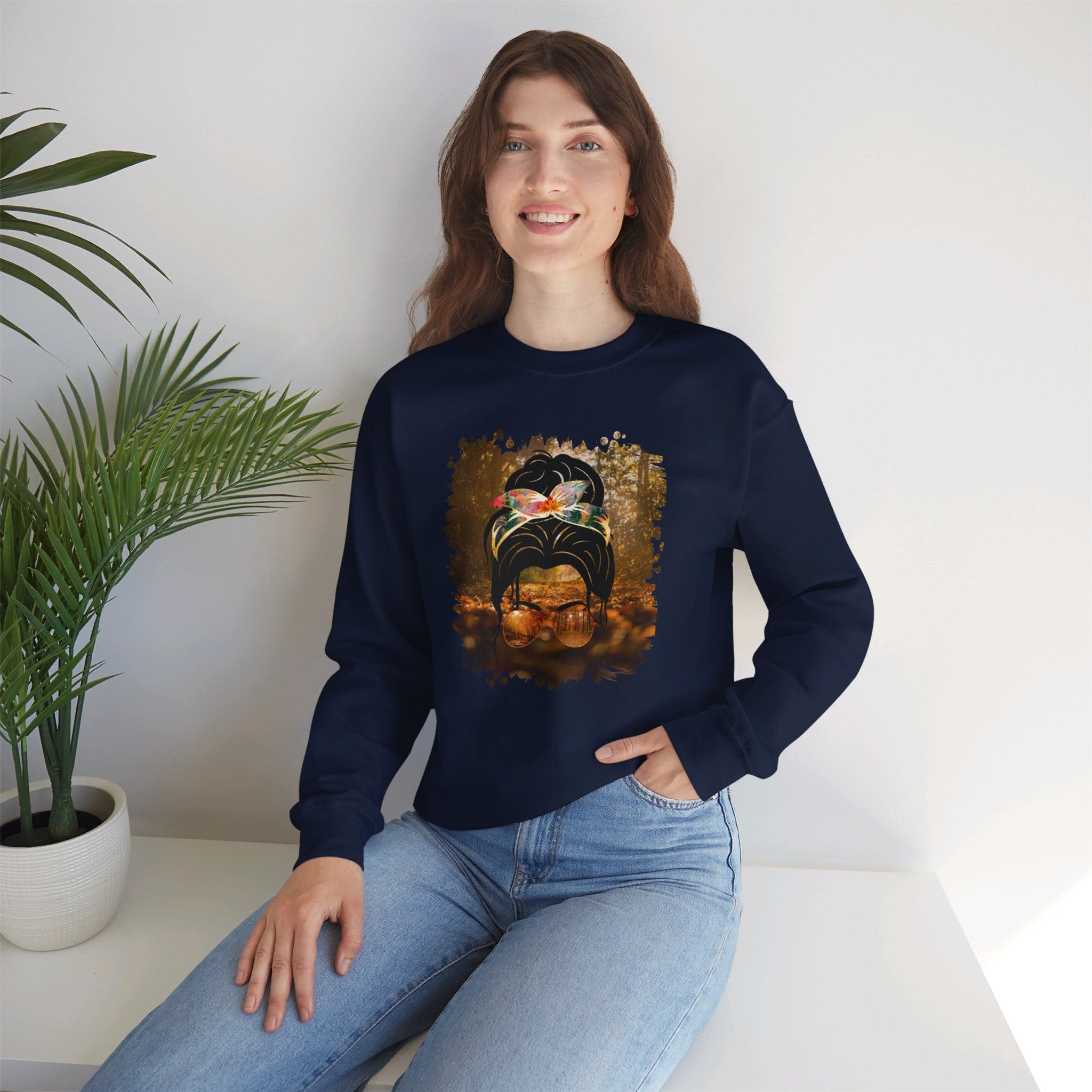 Fall Forest, Dark Hair Messy Bun, Unisex Heavy Blend™ Crewneck Sweatshirt