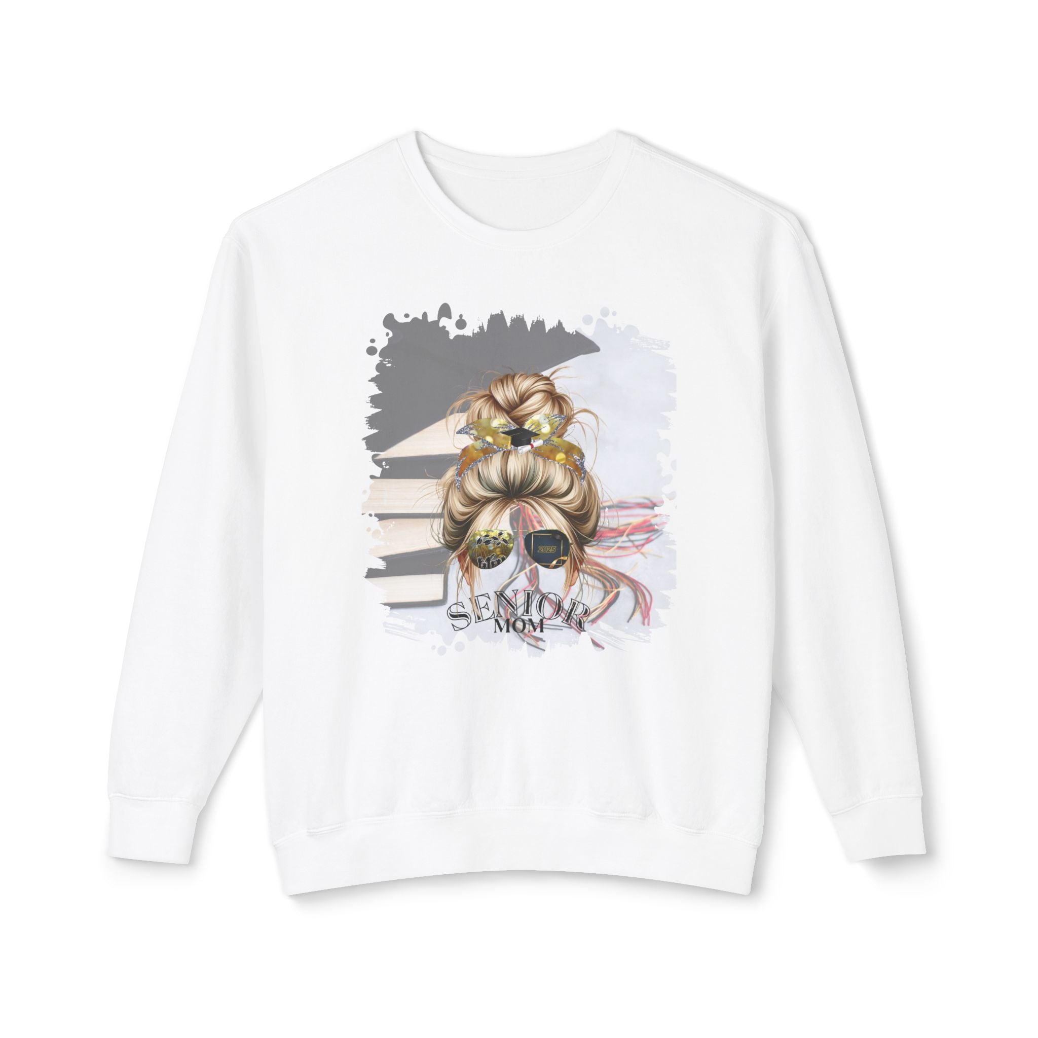 Senior Mom, Cap & Books, Blond Hair Messy Bun, Unisex Lightweight Crewneck Sweatshirt