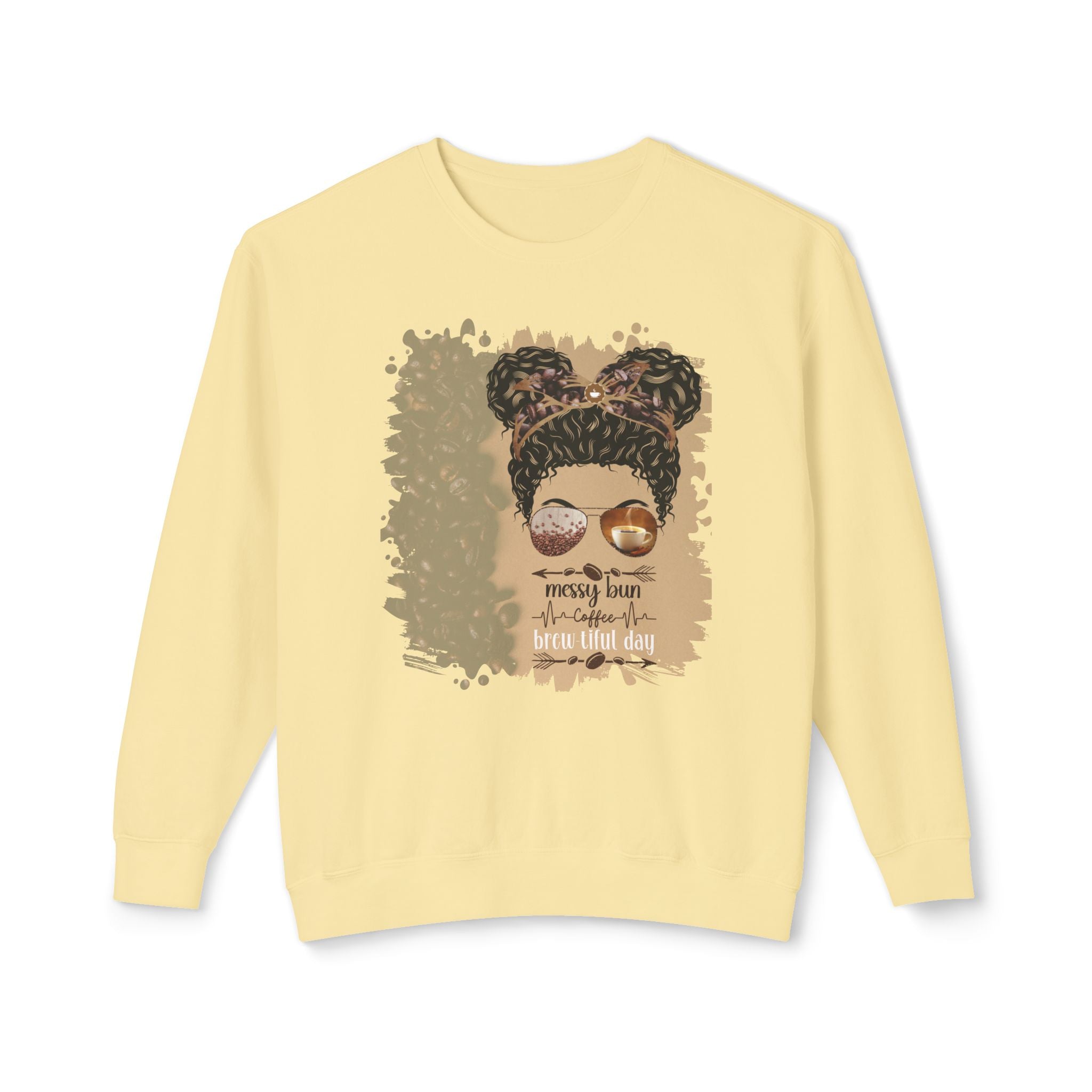Messy Bun Coffee Heartbeat, Coffee Beans Shade, Black Hair Messy Bun, Unisex Lightweight Crewneck Sweatshirt