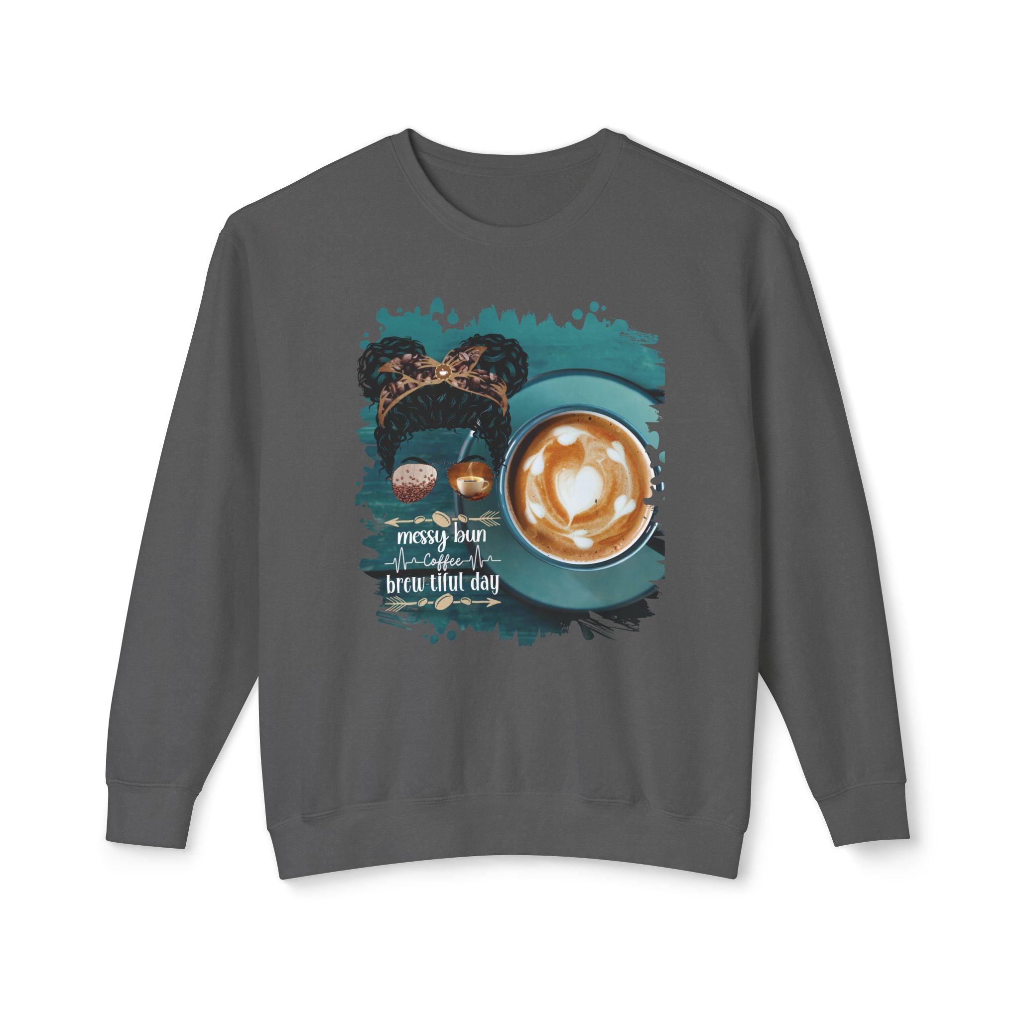 Coffee Heartbeat, Coffee Cup, Black Hair Messy Bun, Unisex Lightweight Crewneck Sweatshirt