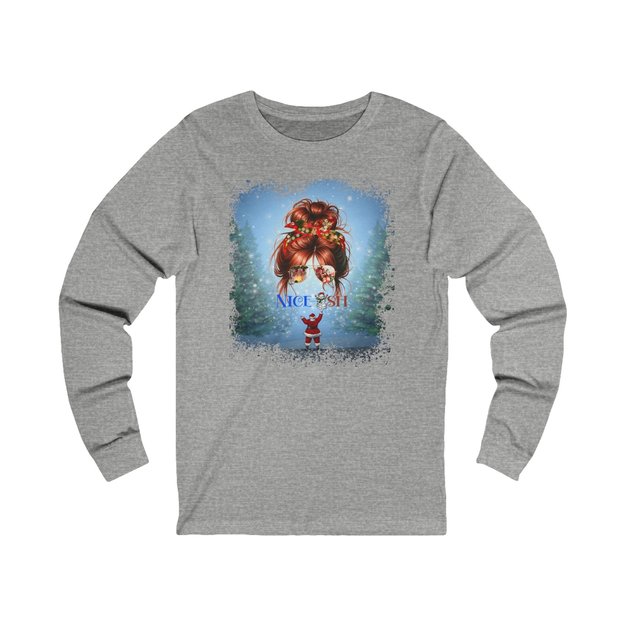 Nice-ish Santa, Red Hair Messy Bun, Unisex Jersey Long Sleeve Tee