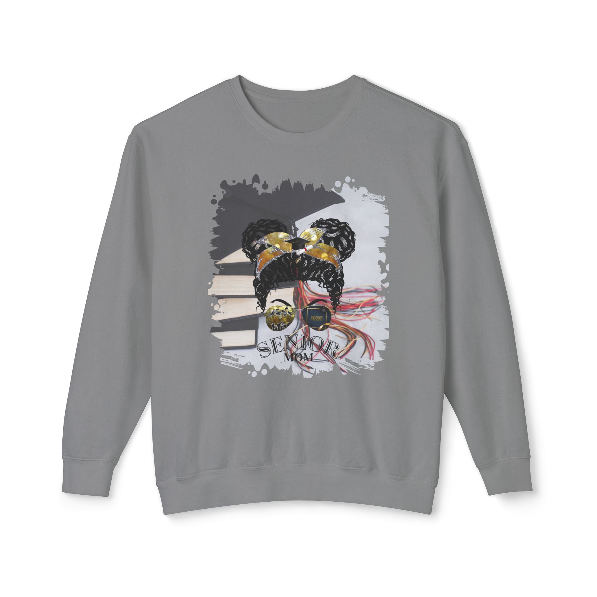Senior Mom, Cap & Books, Black Hair Messy Bun, Unisex Lightweight Crewneck Sweatshirt