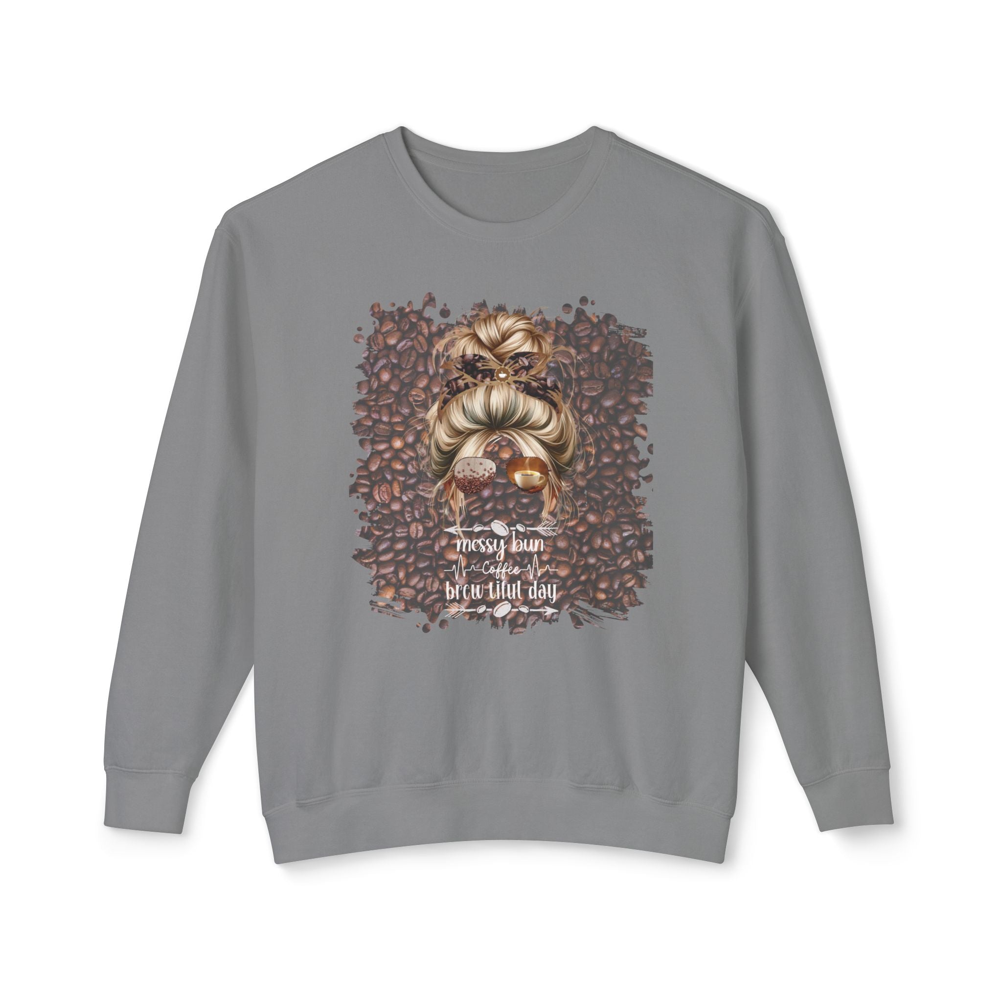 Coffee Heartbeat, Coffee Beans, Blond Hair Messy Bun, Unisex Lightweight Crewneck Sweatshirt