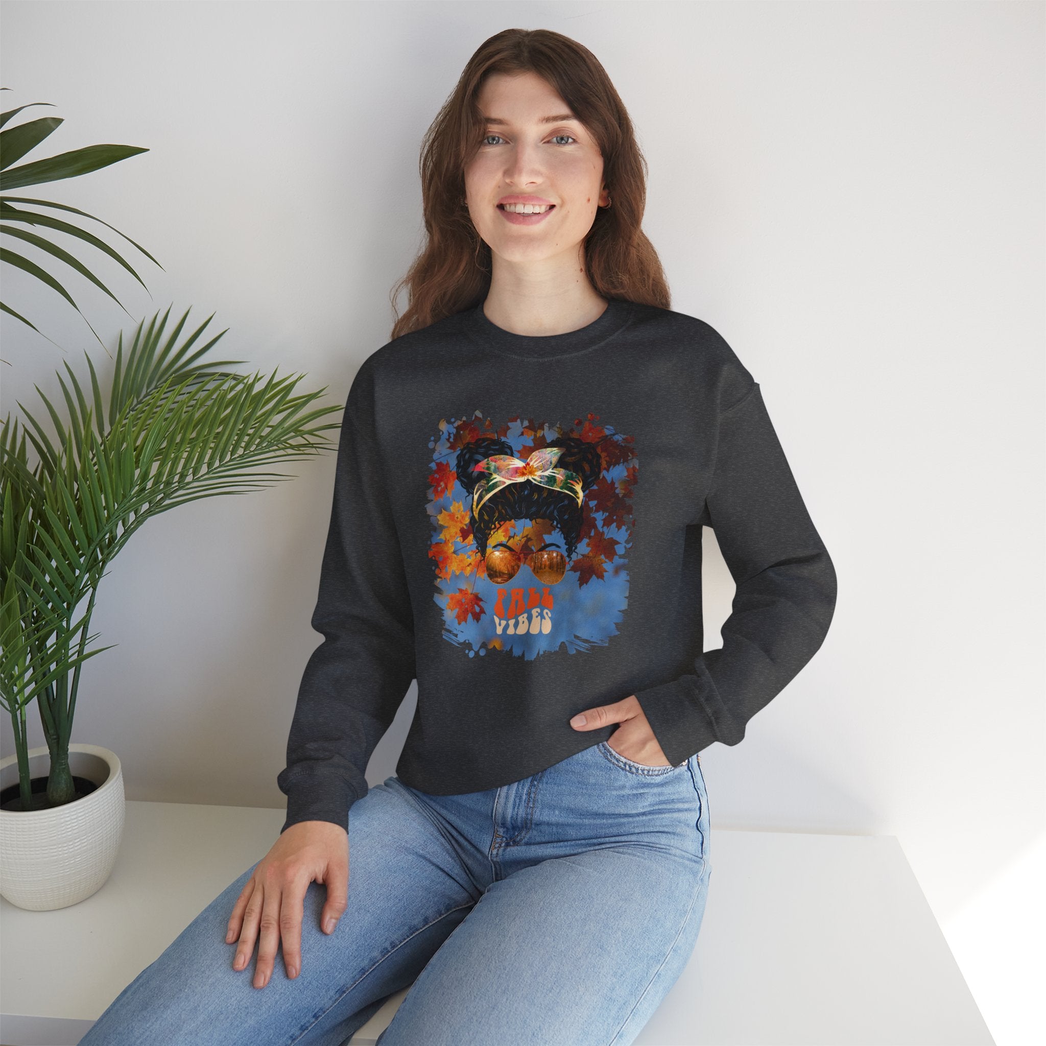 Fall Vibes Fall Sky, Black Hair Messy Bun, Unisex Heavy Blend™ Crewneck Sweatshirt