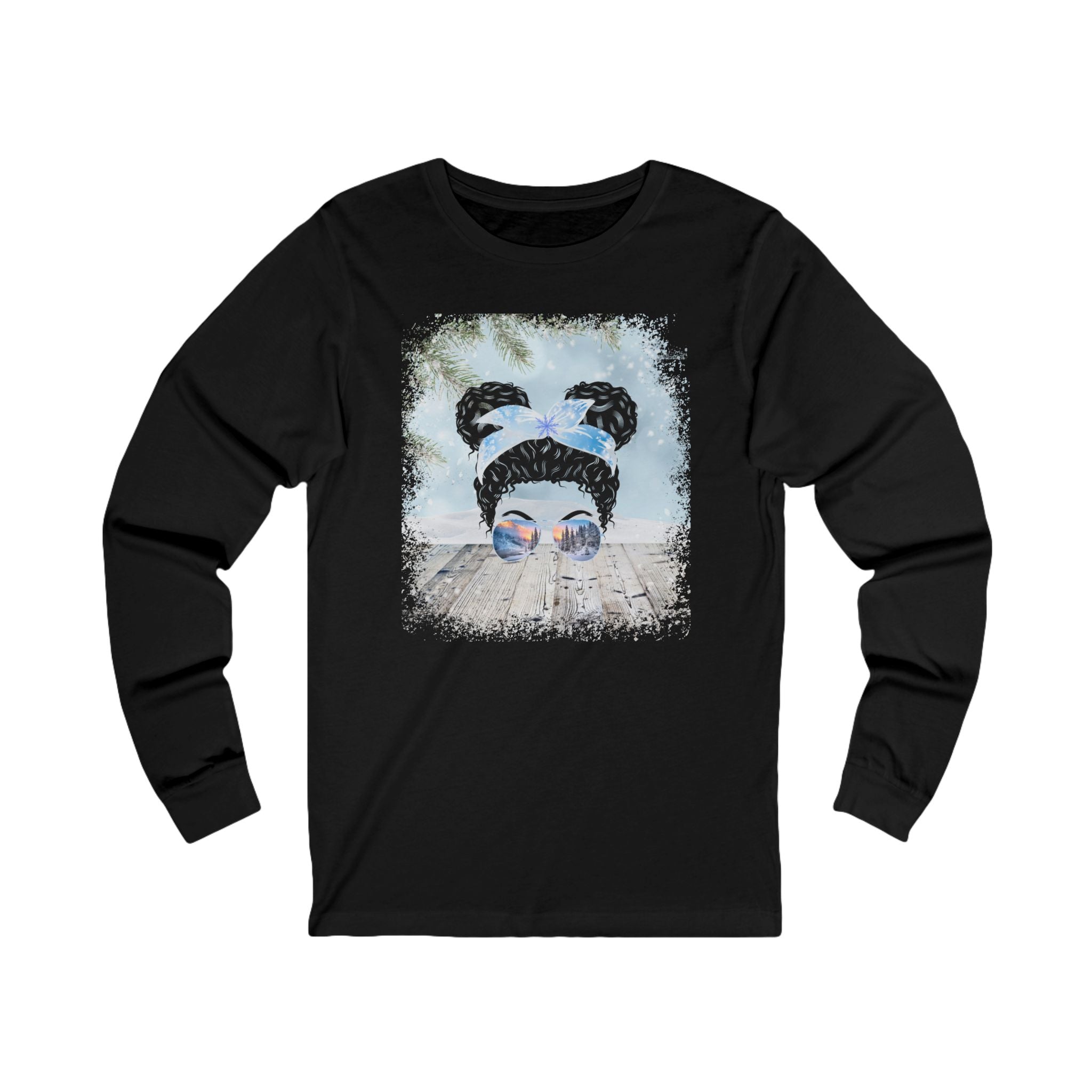 Winter Snowy Porch, Black Hair Messy Bun, Unisex Jersey Long Sleeve Tee