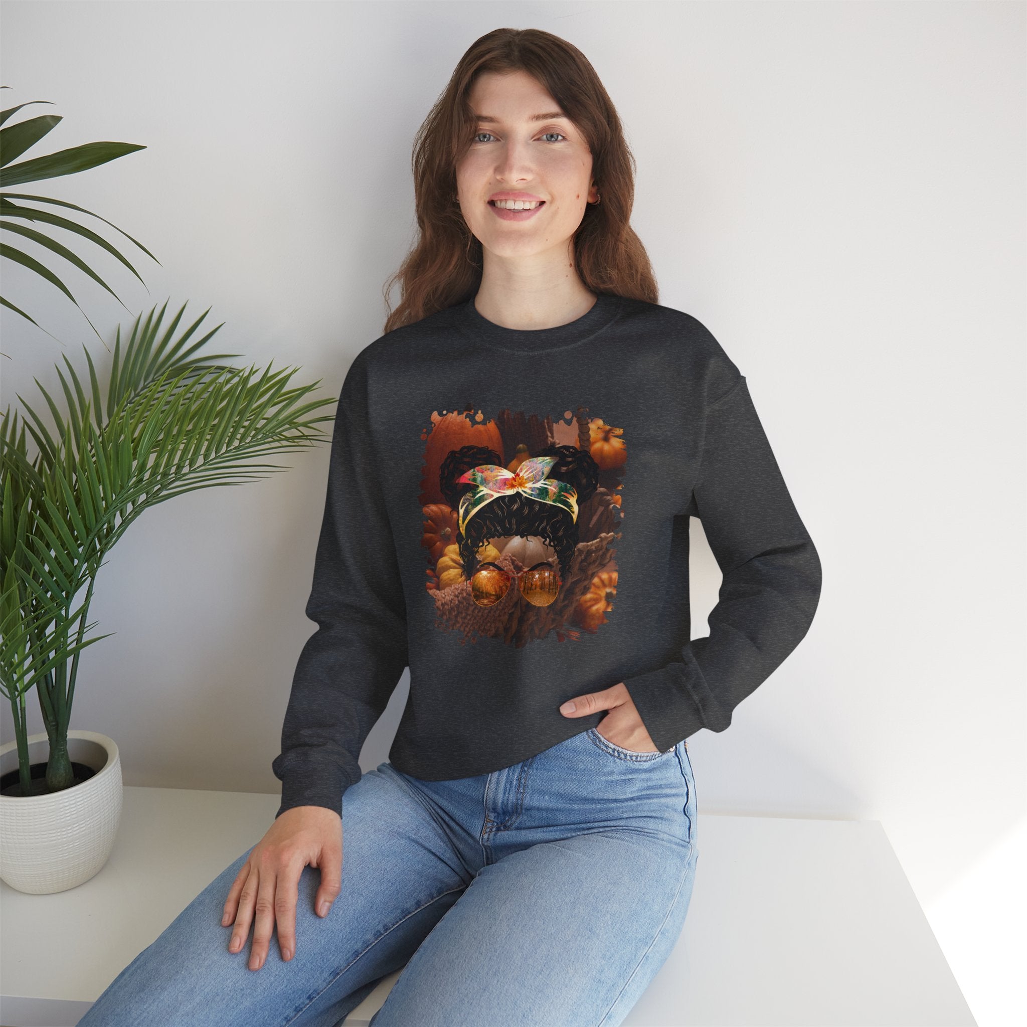 Fall Pumpkins, Black Hair Messy Bun, Unisex Heavy Blend™ Crewneck Sweatshirt