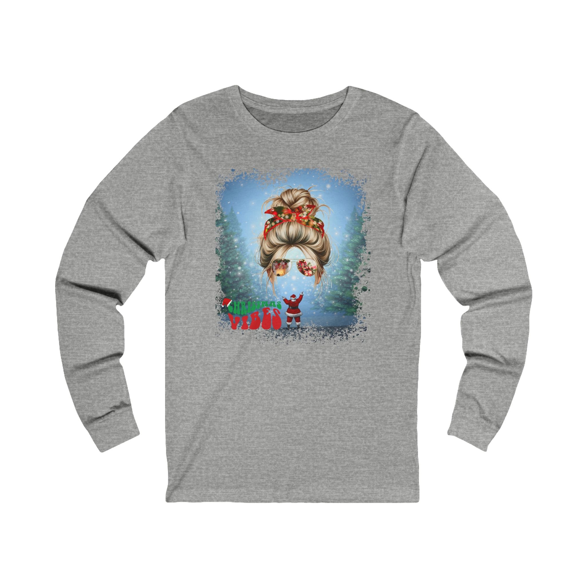 Christmas Vibes Santa, Blond Hair Messy Bun, Unisex Jersey Long Sleeve Tee