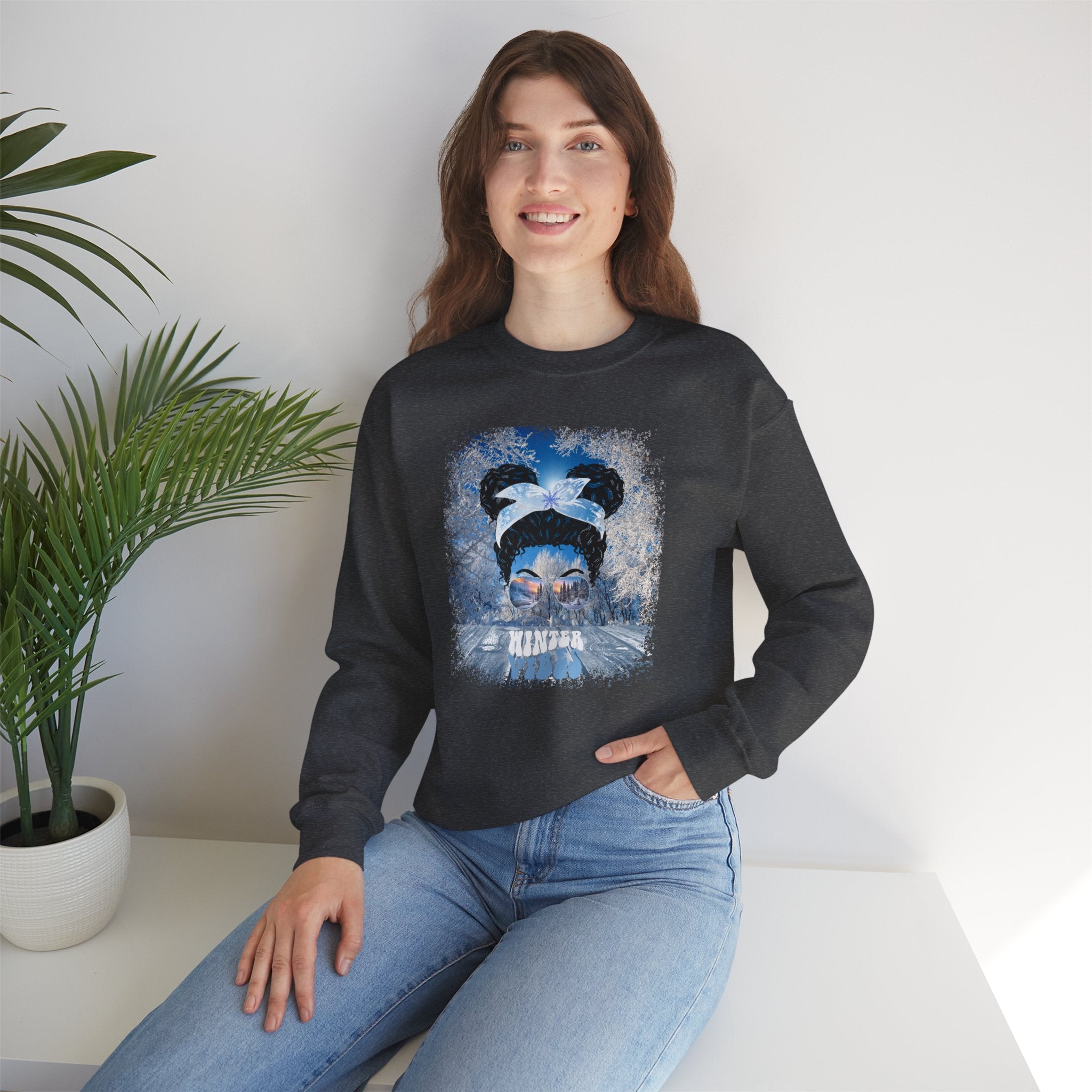 Winter Vibes Winter Porch, Black Hair Messy Bun, Unisex Heavy Blend™ Crewneck Sweatshirt