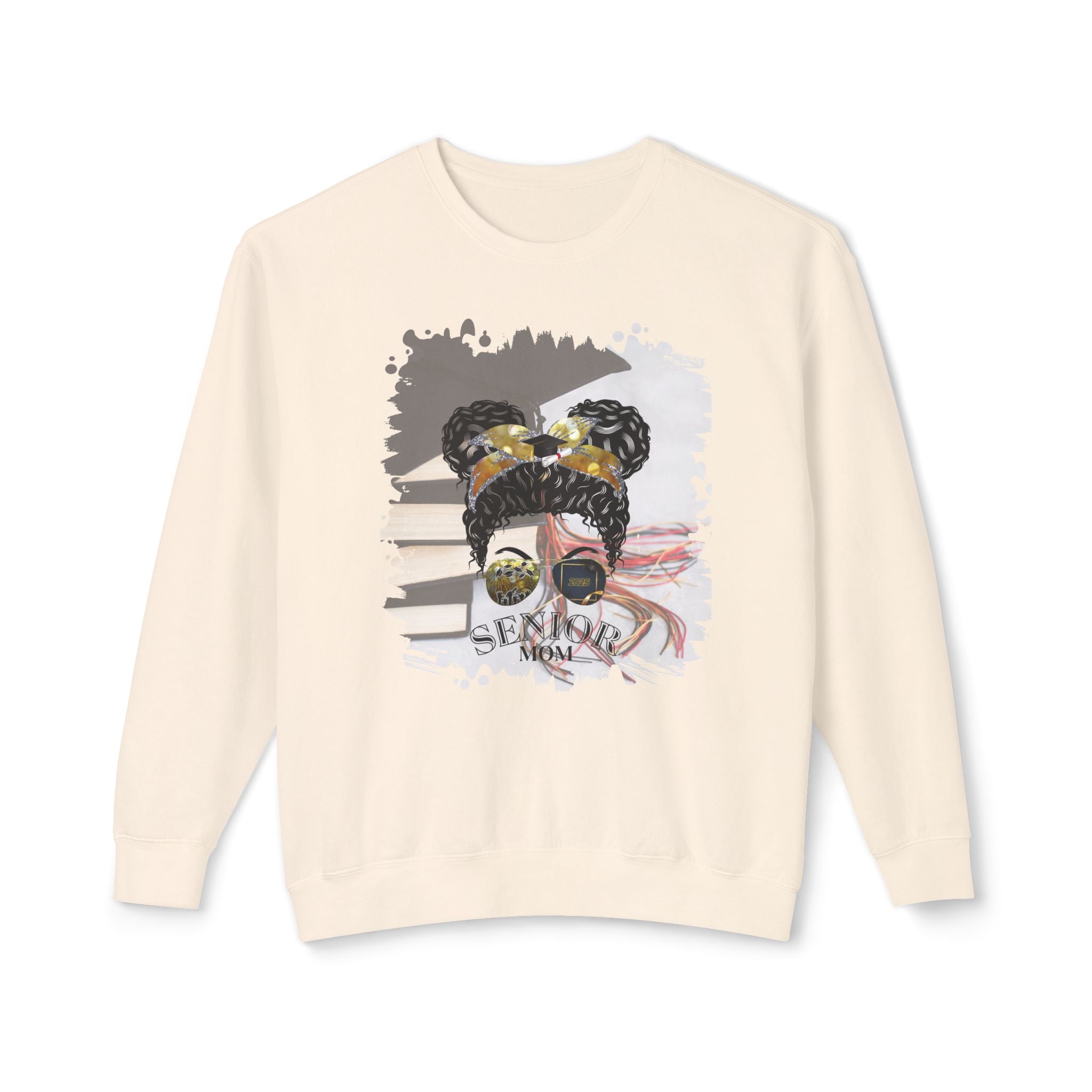 Senior Mom, Cap & Books, Black Hair Messy Bun, Unisex Lightweight Crewneck Sweatshirt