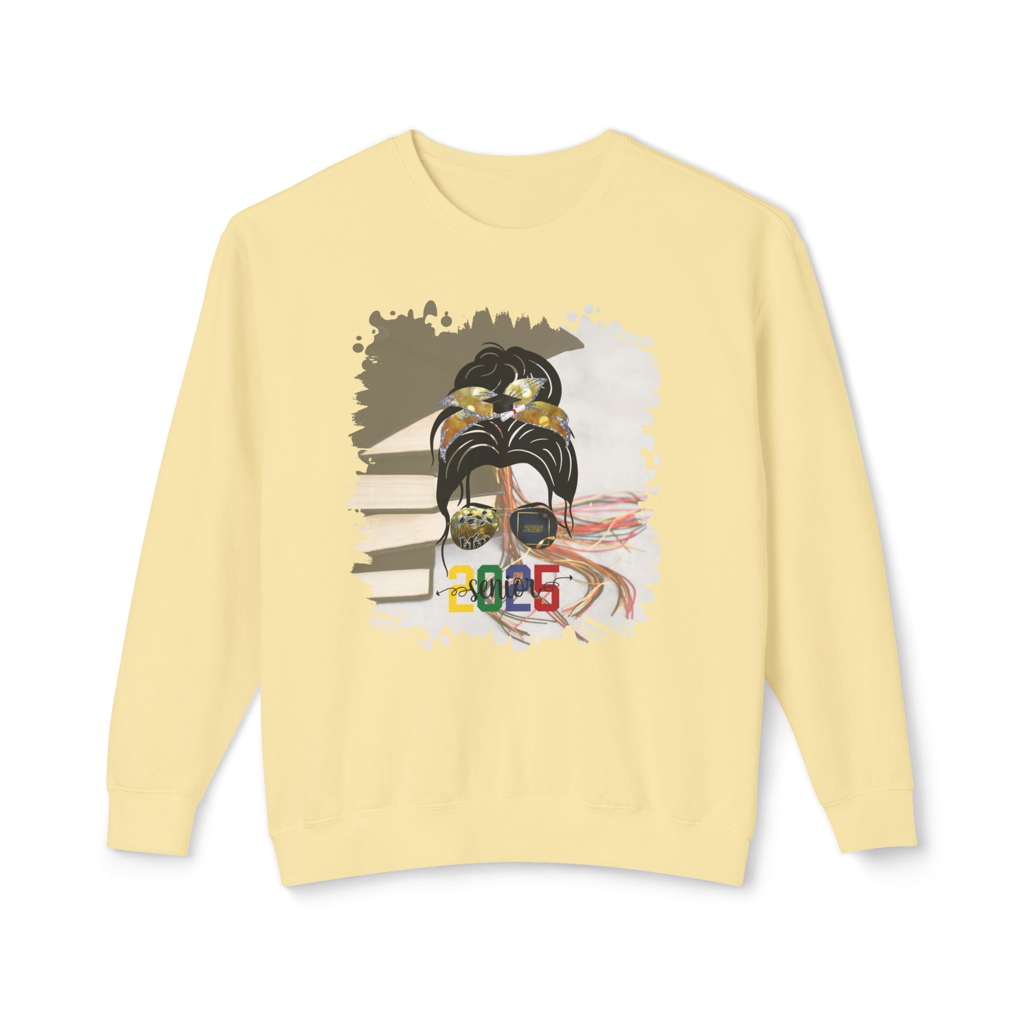 Senior 2025 Colorful, Cap & Books, Dark Hair Messy Bun, Unisex Lightweight Crewneck Sweatshirt