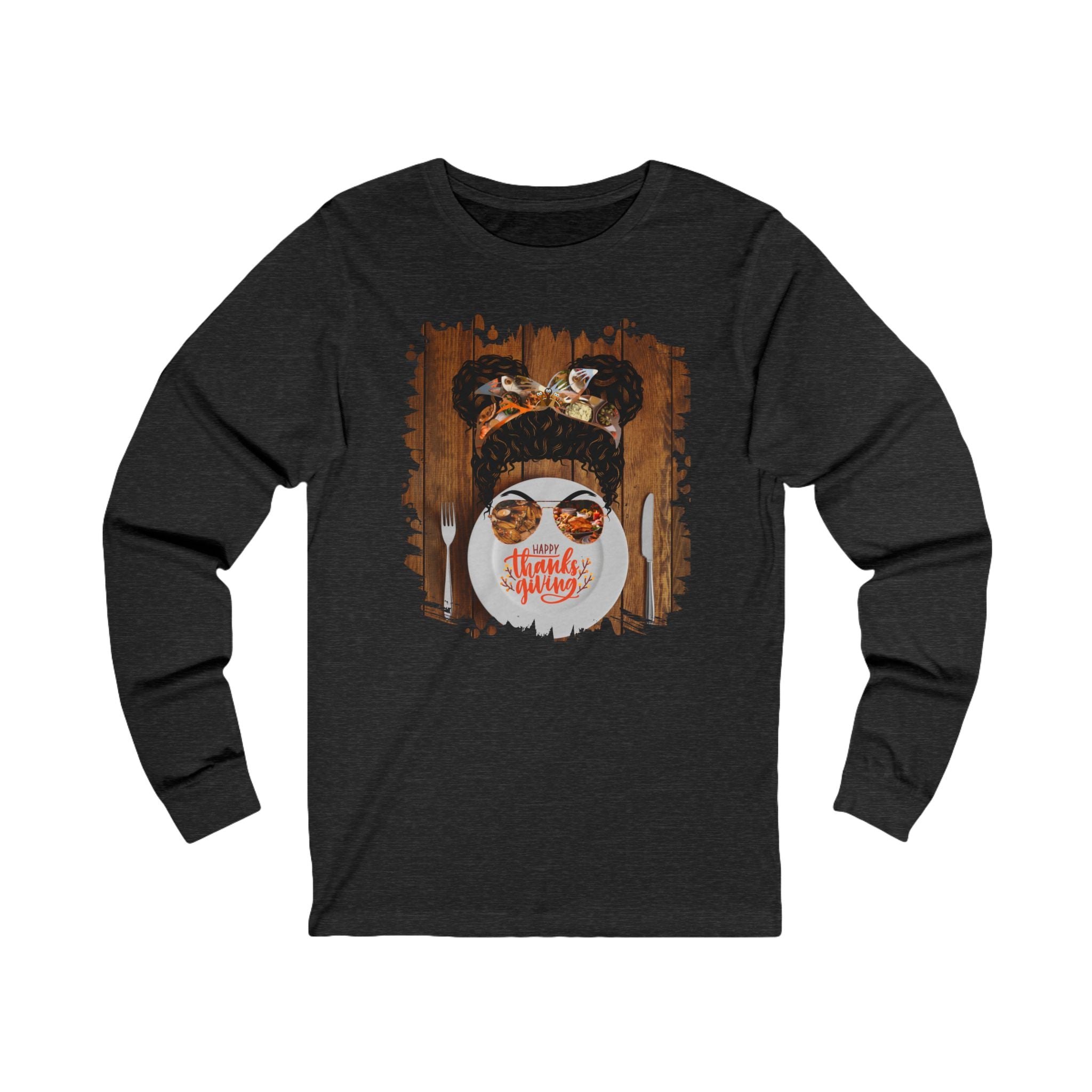 Happy Thanksgiving Plate Setting, Black Hair Messy Bun, Unisex Jersey Long Sleeve Tee