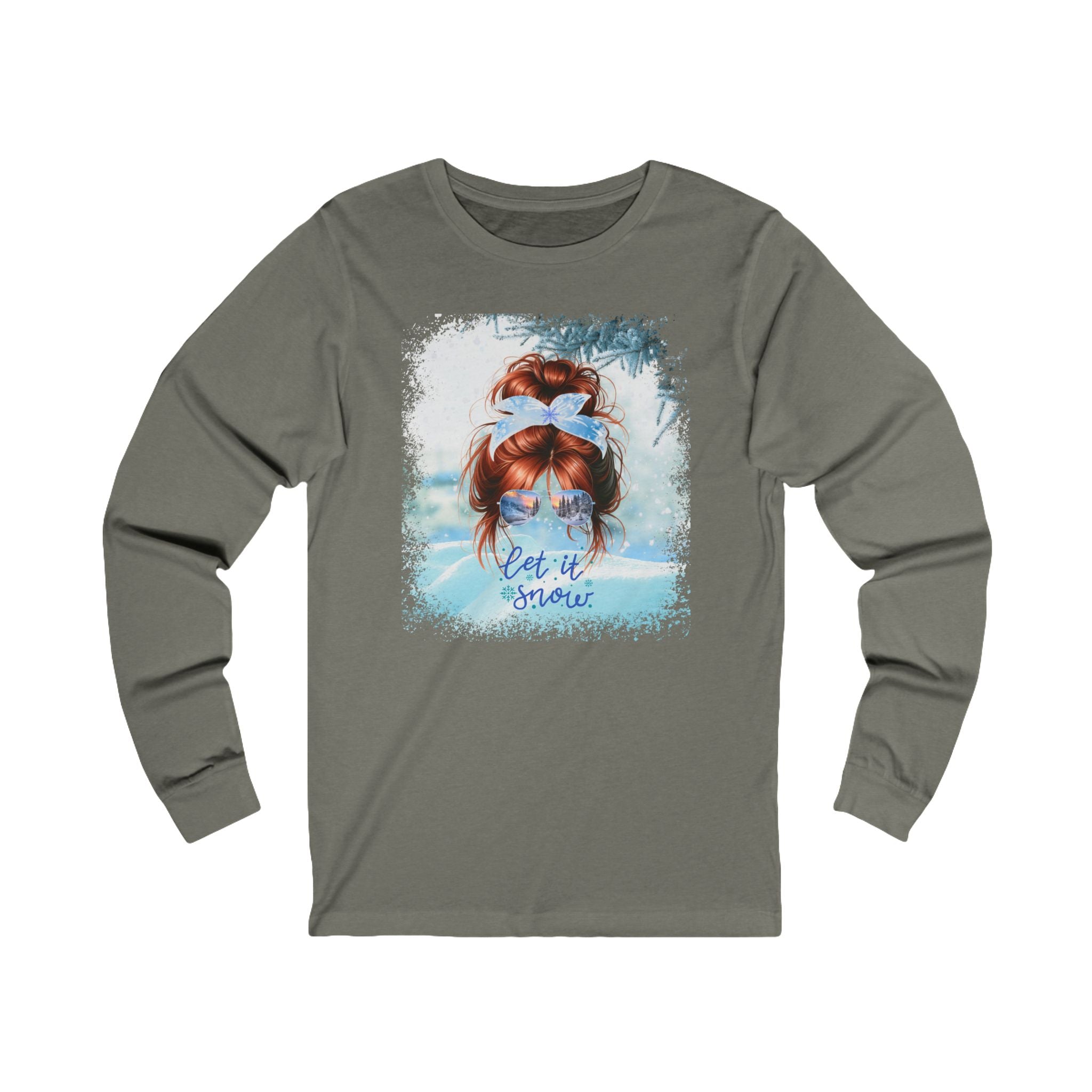 Let it Snow, Snow, Red Hair Messy Bun, Unisex Jersey Long Sleeve Tee