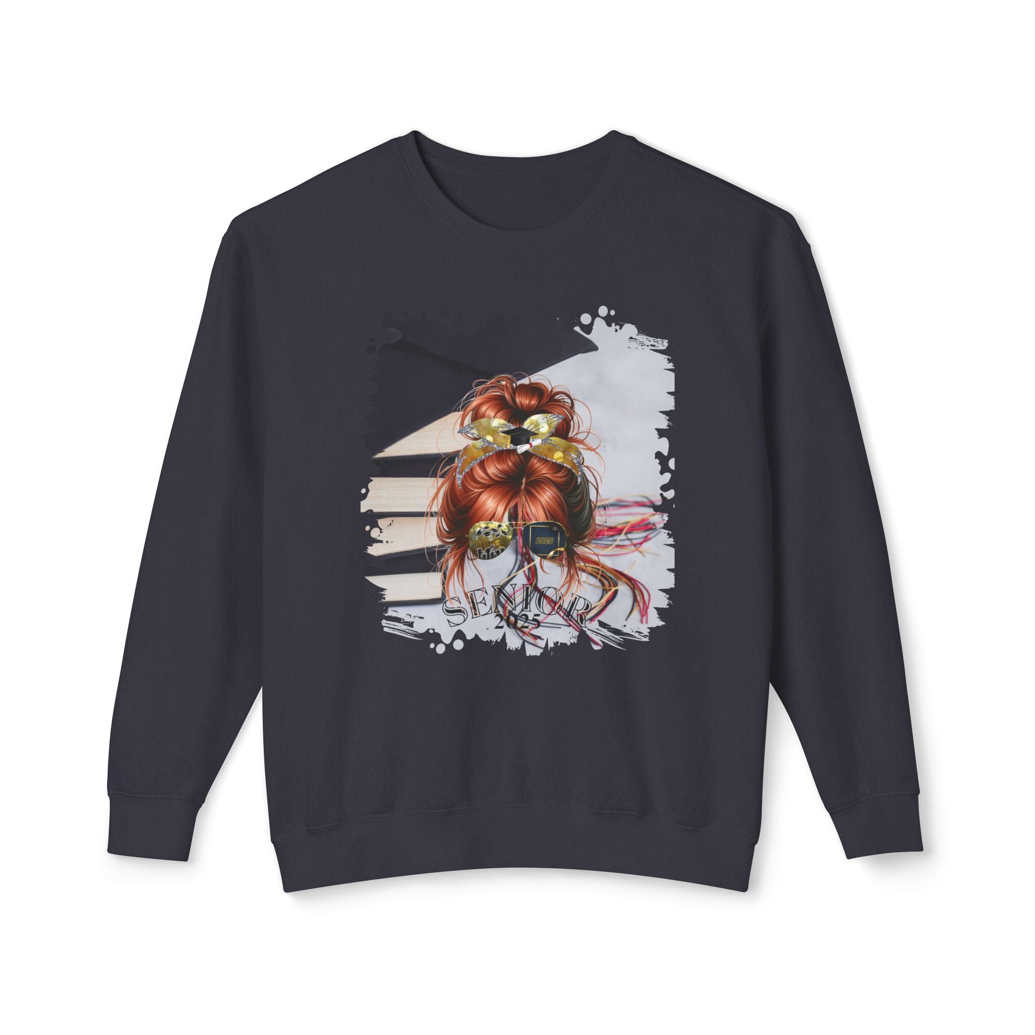 Senior 2025, Cap & Books, Red Hair Messy Bun, Unisex Lightweight Crewneck Sweatshirt