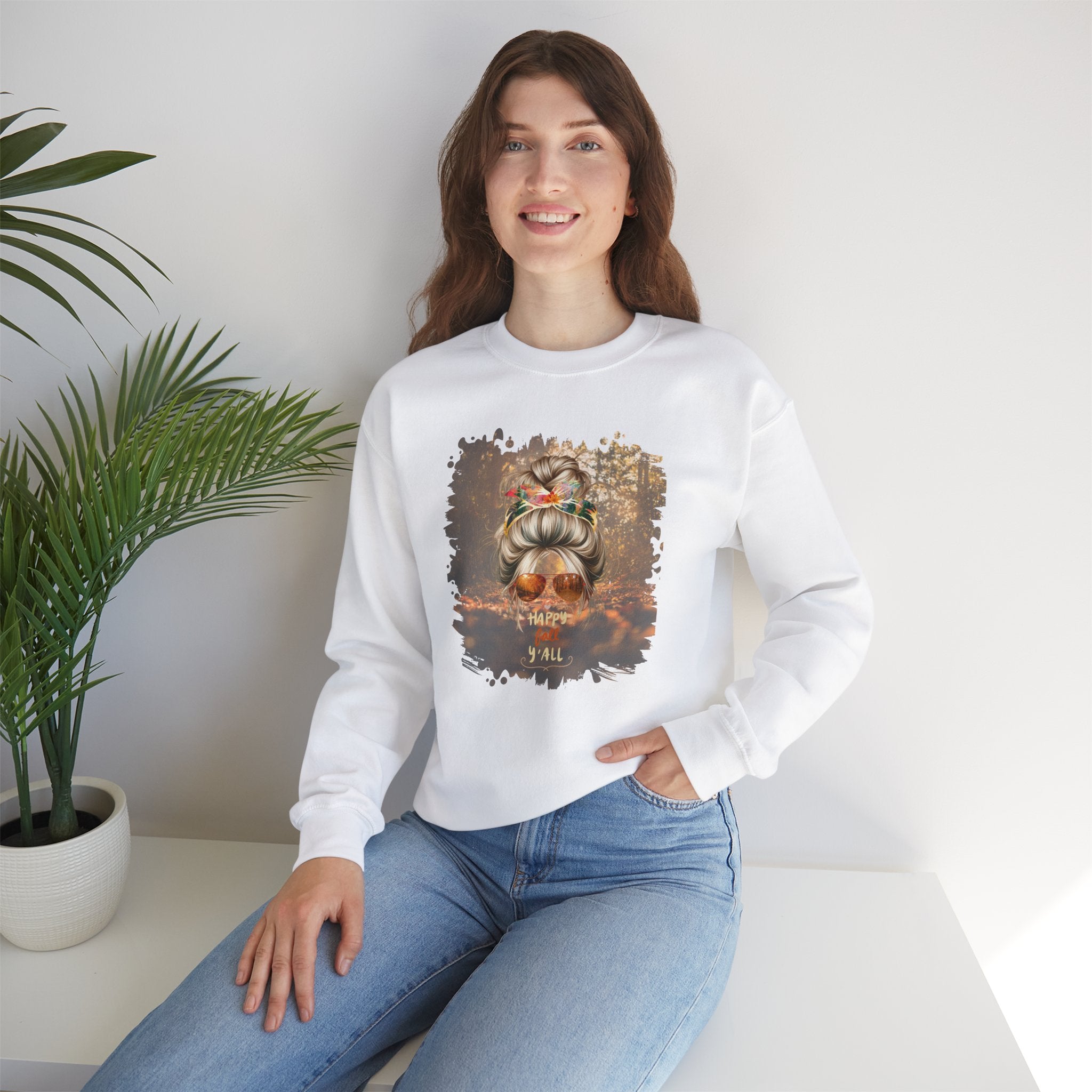 Happy Fall Y'all Fall Forest, Blond Hair Messy Bun, Unisex Heavy Blend™ Crewneck Sweatshirt