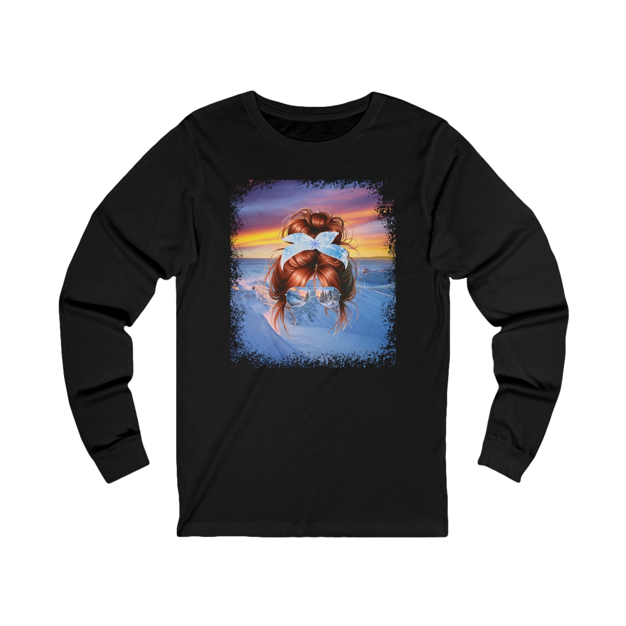 Winter Mountain, Red Hair Messy Bun, Unisex Jersey Long Sleeve Tee