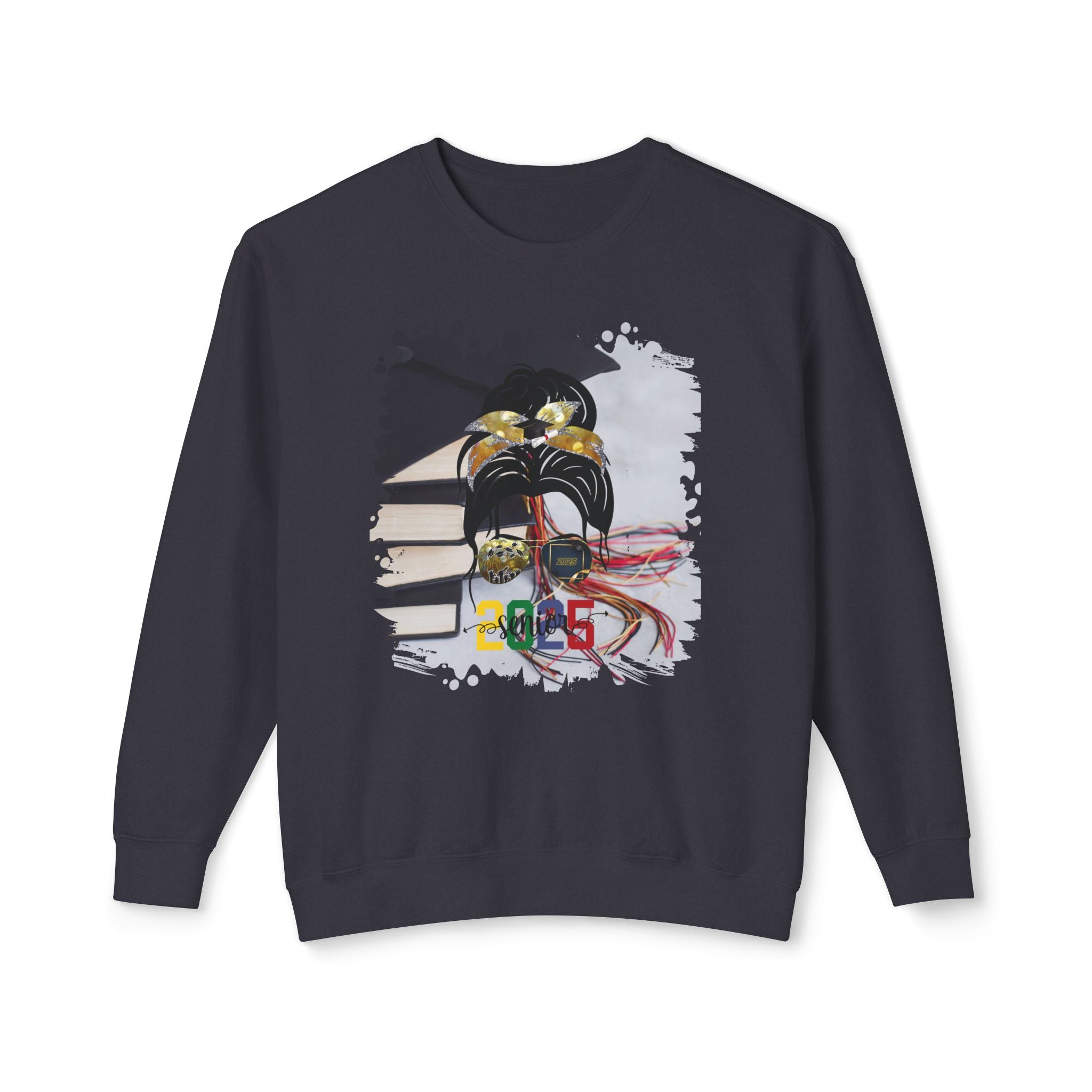 Senior 2025 Colorful, Cap & Books, Dark Hair Messy Bun, Unisex Lightweight Crewneck Sweatshirt