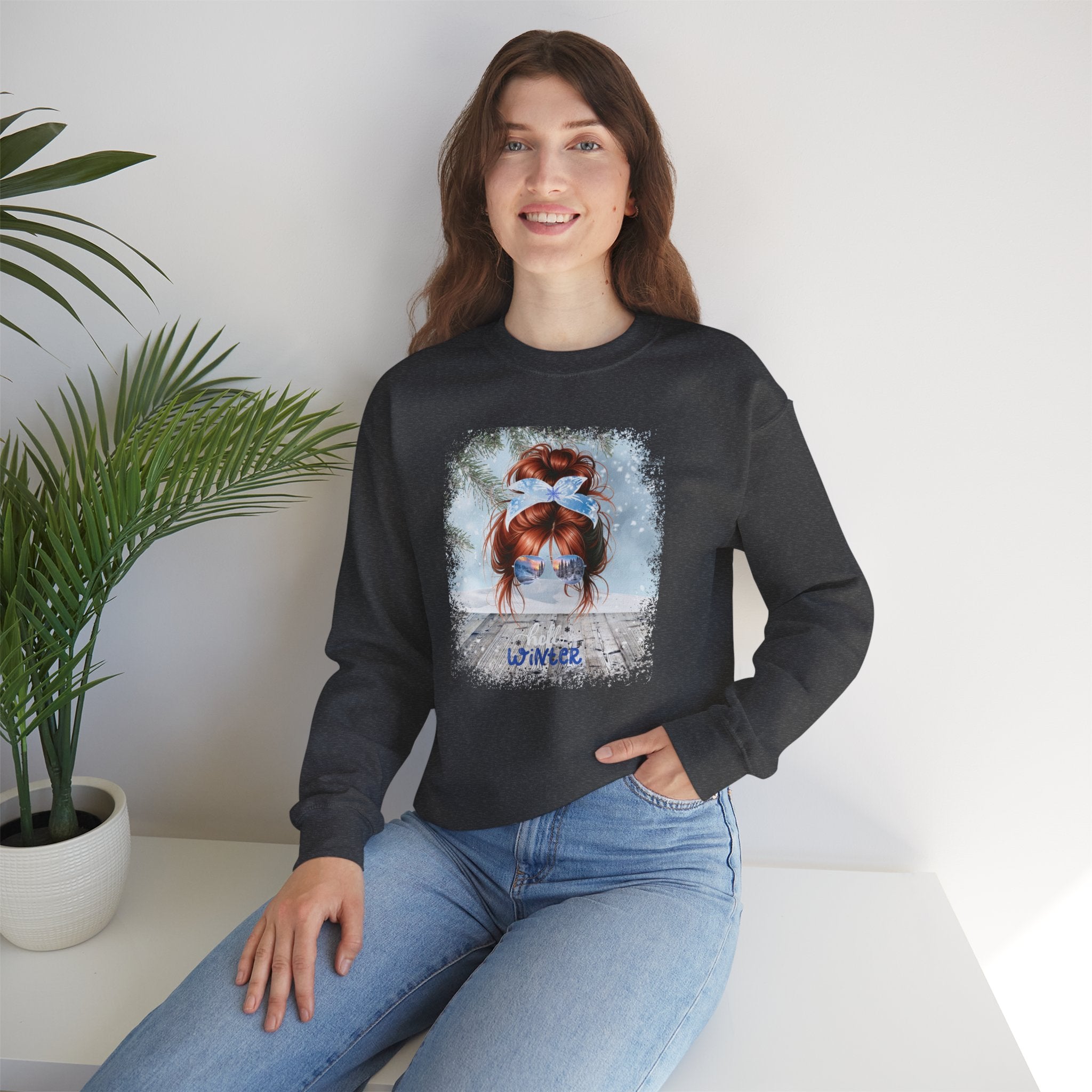 Hello Winter Snowy Porch, Red Hair Messy Bun, Unisex Heavy Blend™ Crewneck Sweatshirt