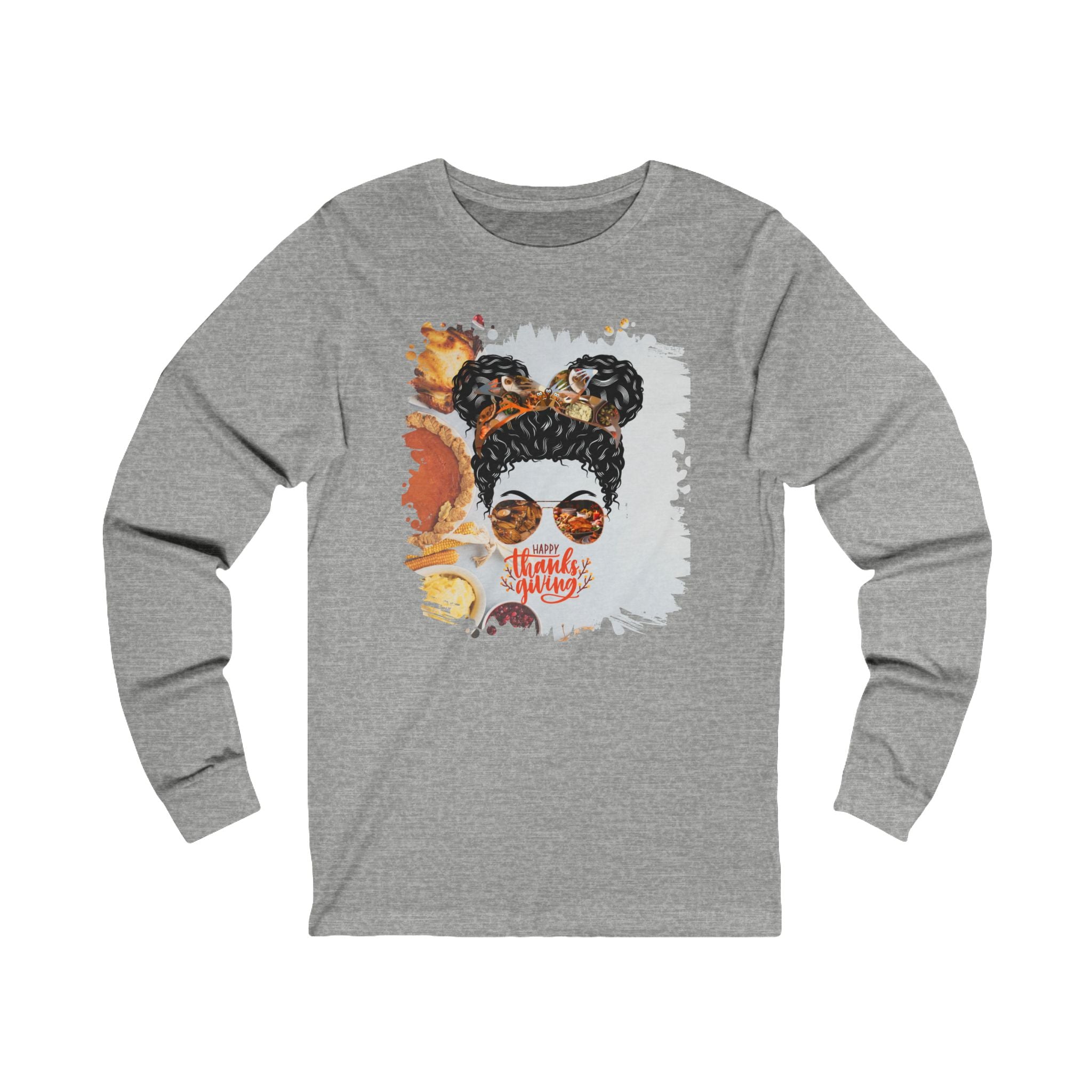 Happy Thanksgiving Thanksgiving Pie, Black Hair Messy Bun, Unisex Jersey Long Sleeve Tee