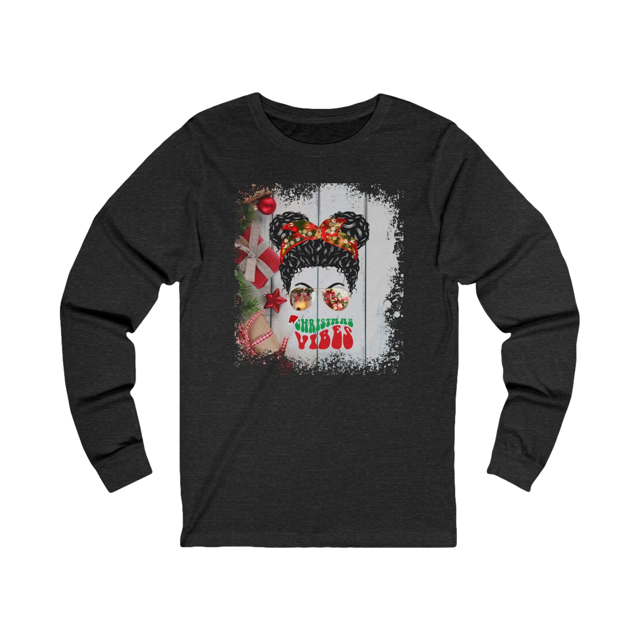 Christmas Vibes Christmas Presents, Black Hair Messy Bun, Unisex Jersey Long Sleeve Tee