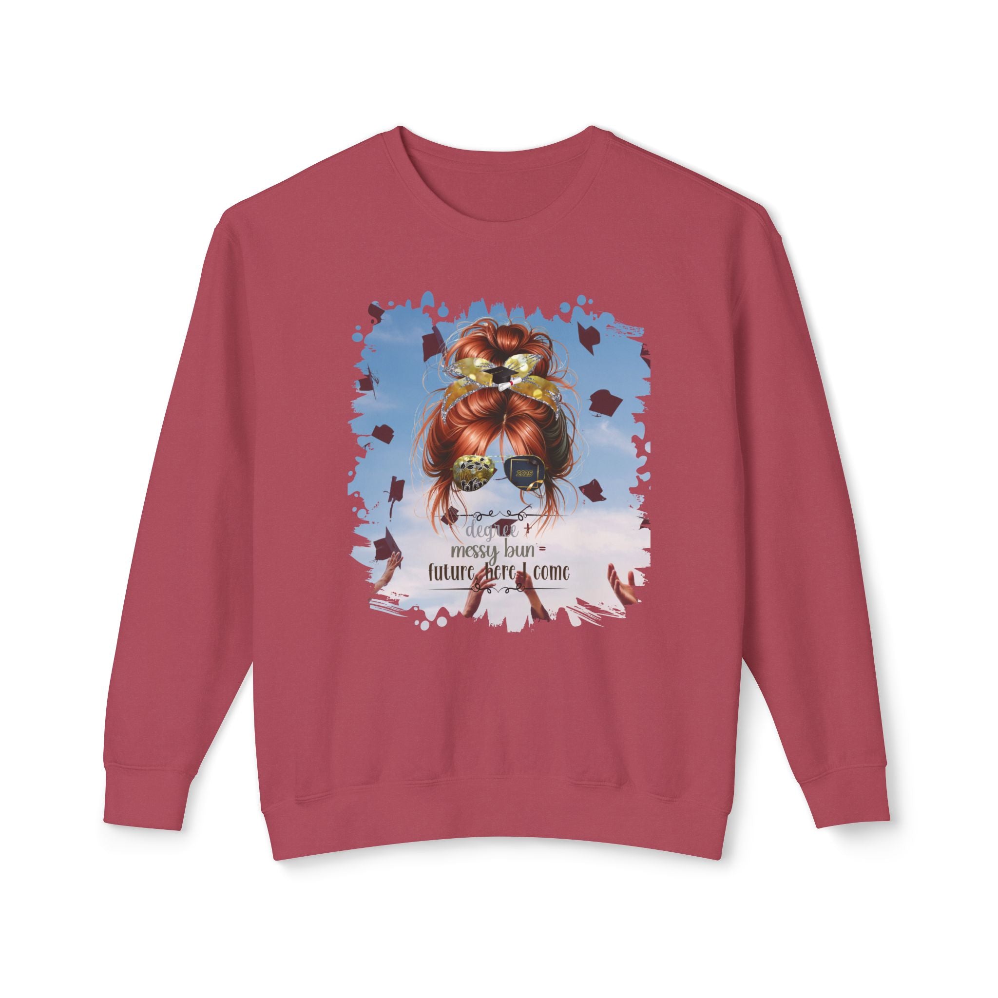 Degree + Messy Bun, Celebration, Red Hair Messy Bun, Unisex Lightweight Crewneck Sweatshirt