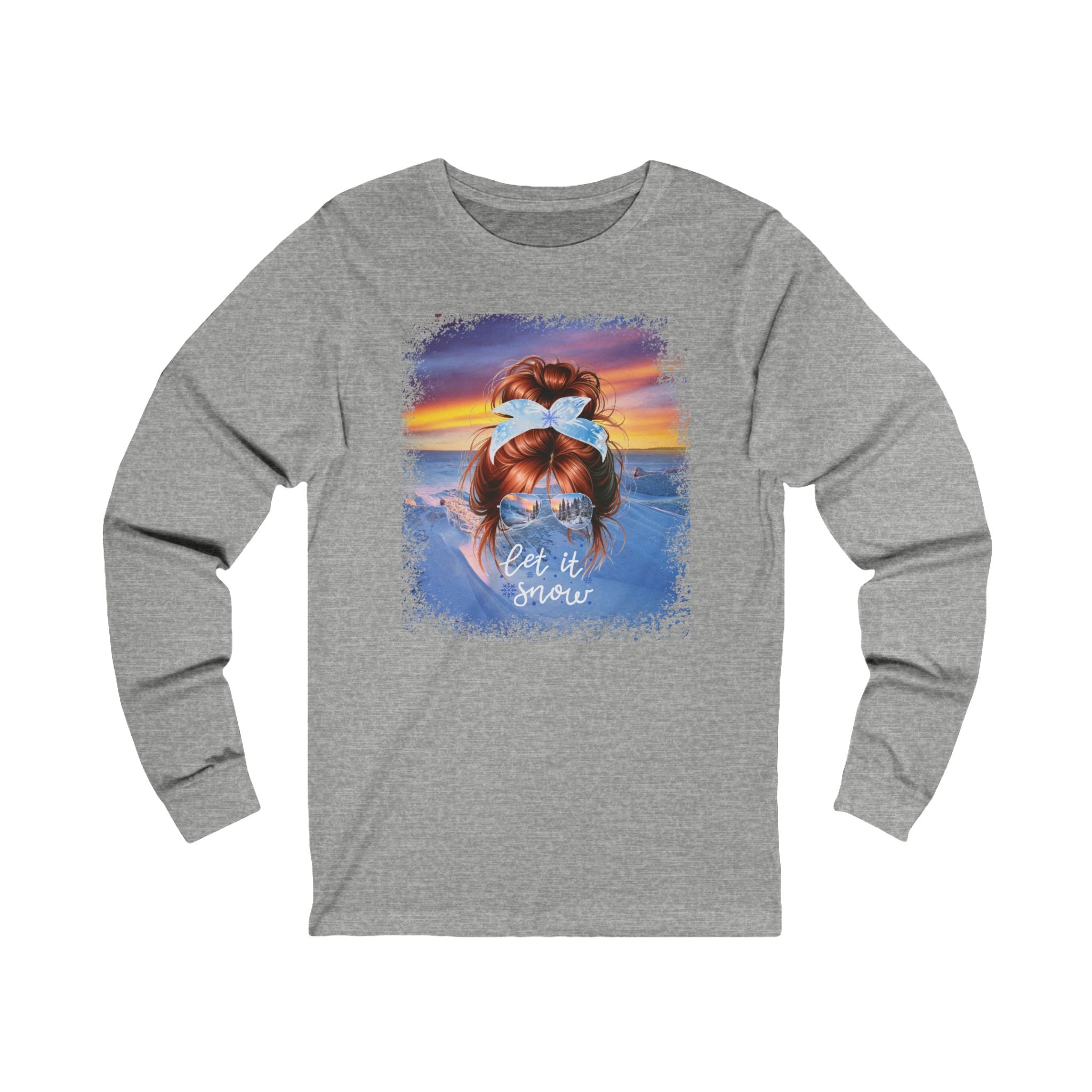 Let it Snow Winter Mountain, Red Hair Messy Bun, Unisex Jersey Long Sleeve Tee