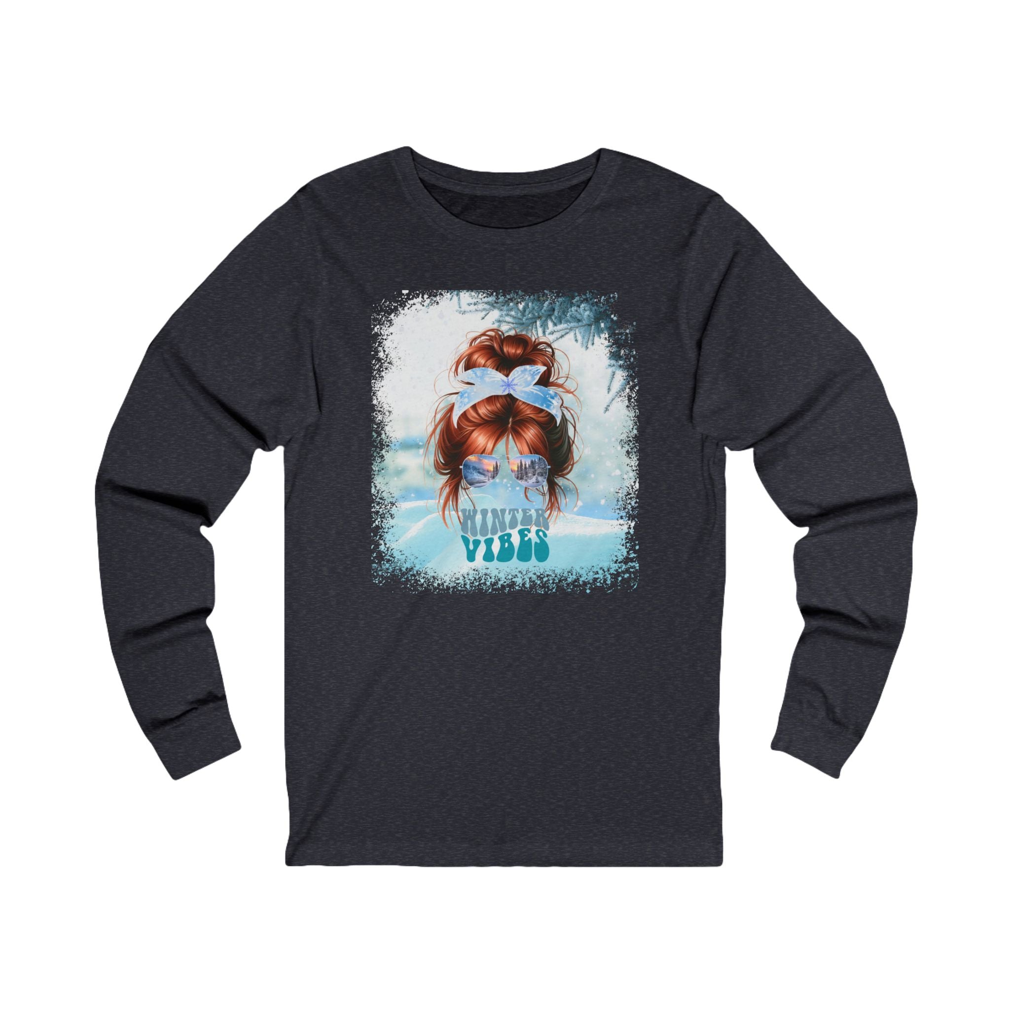 Winter Vibes Snow, Red Hair Messy Bun, Unisex Jersey Long Sleeve Tee