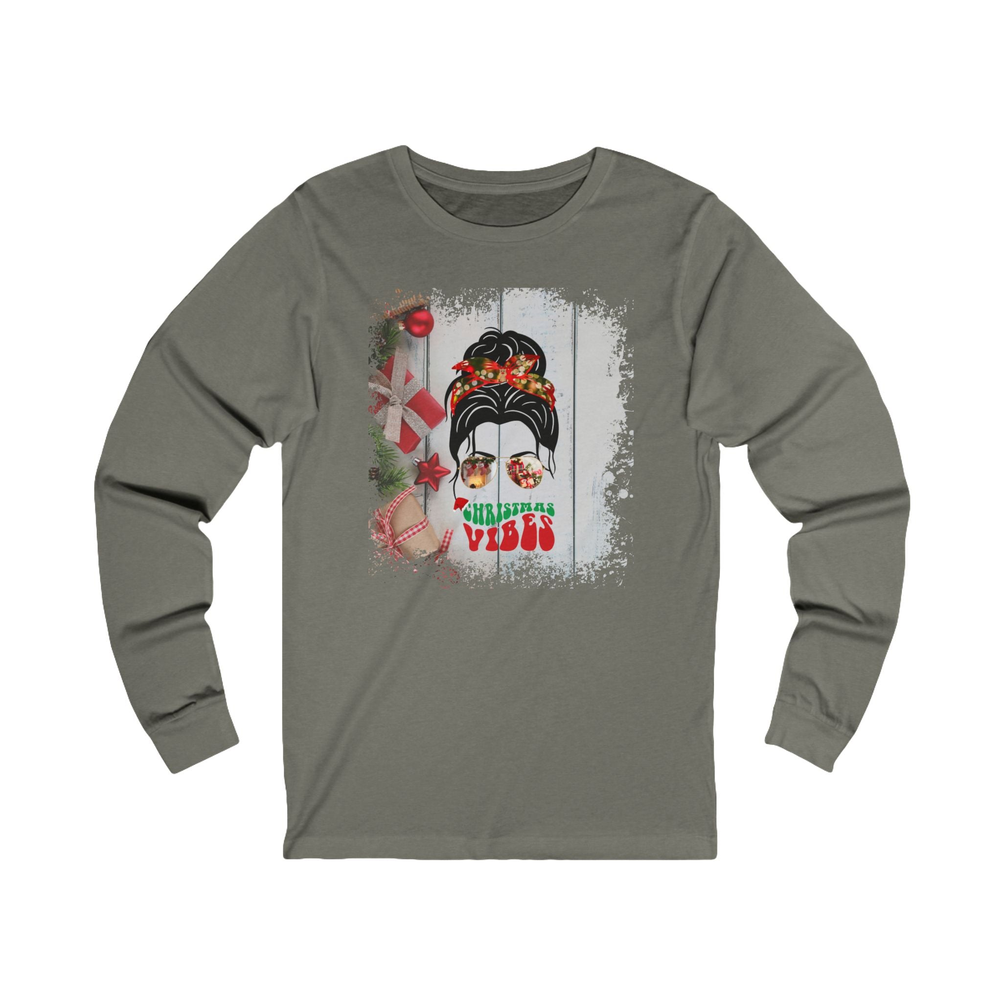 Christmas Vibes Christmas Presents, Dark Hair Messy Bun, Unisex Jersey Long Sleeve Tee